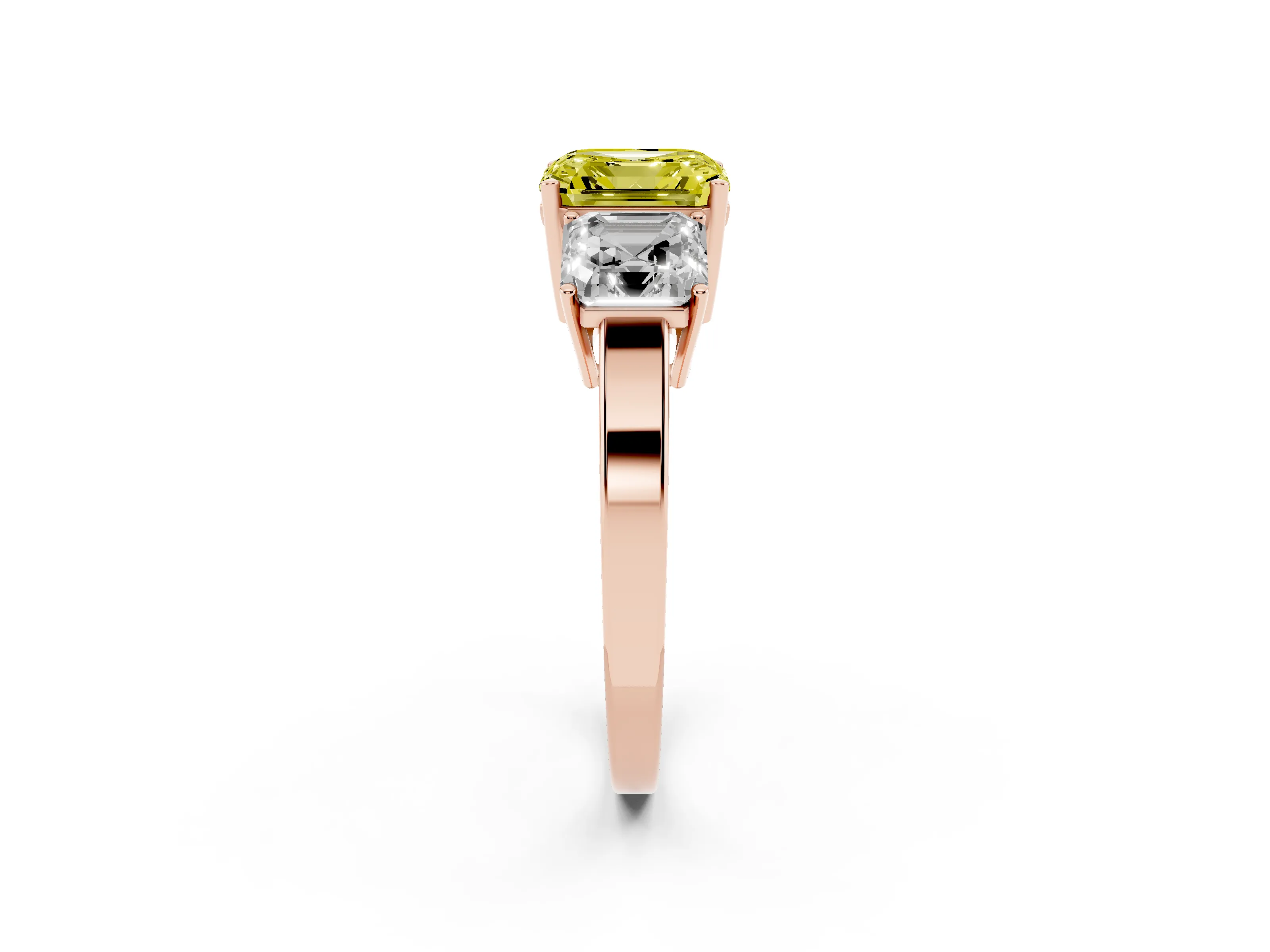 Fancy Yellow Asscher Cut Diamond Three-Stone Engagement Ring Set in Rose gold with Flat Band