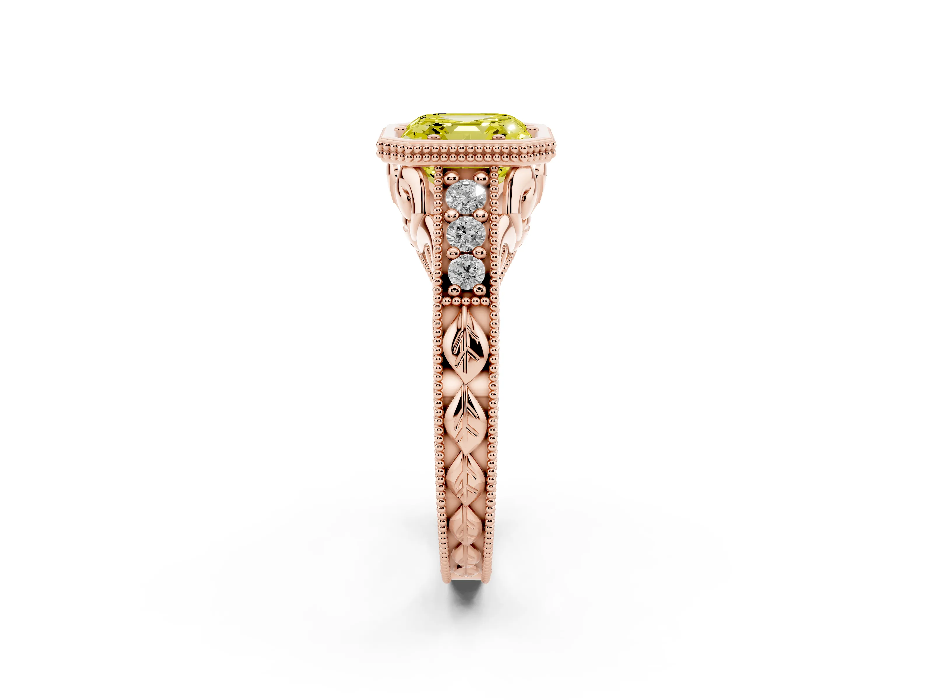 Fancy Yellow Bezel Set Asscher Cut Diamond Milgrain Pavé Engagement Ring Set in Rose gold