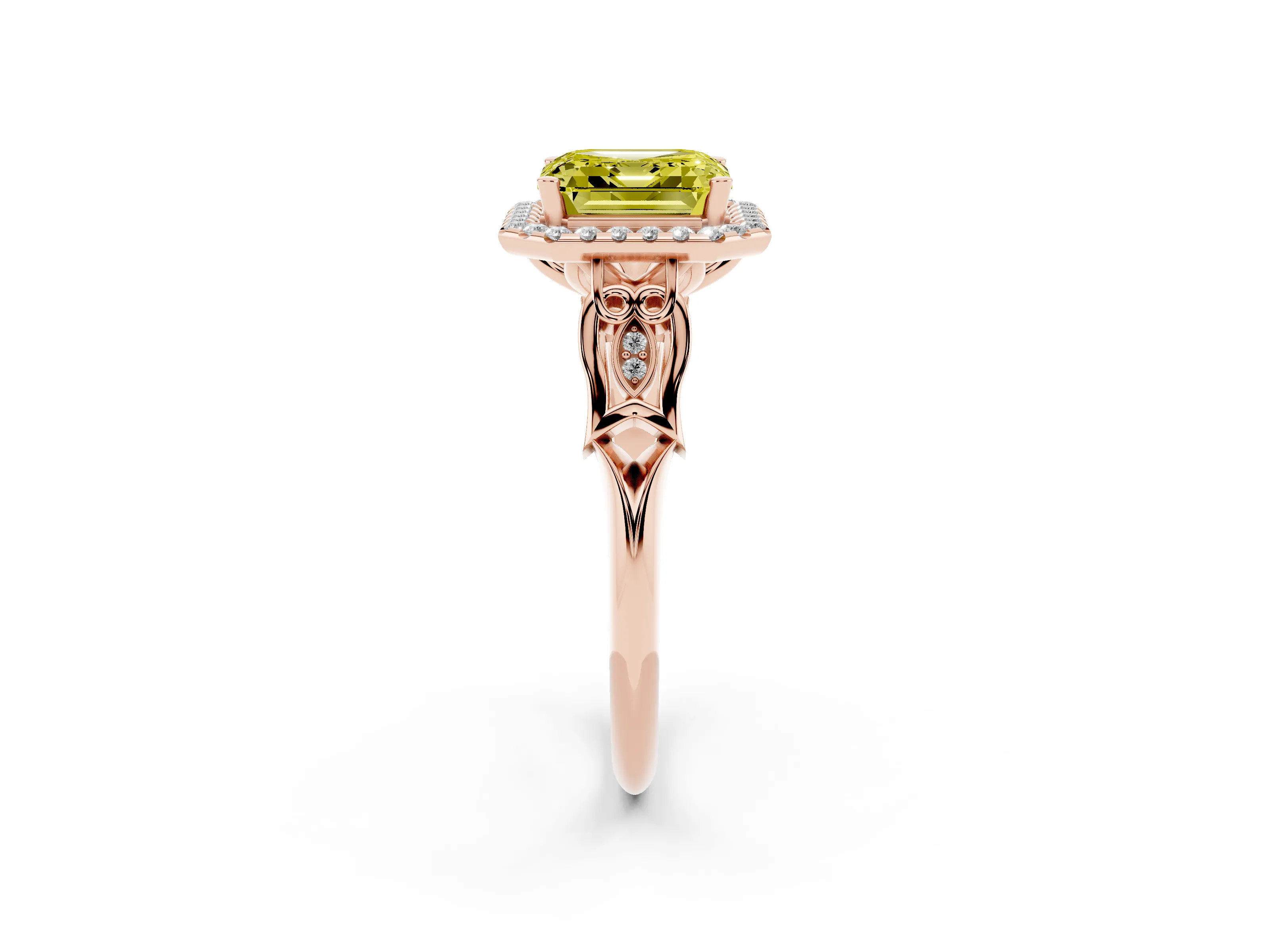 Fancy Yellow Asscher Cut Diamond Halo Engagement Ring Set in Rose gold with Filigree Band and Prong-Set Center