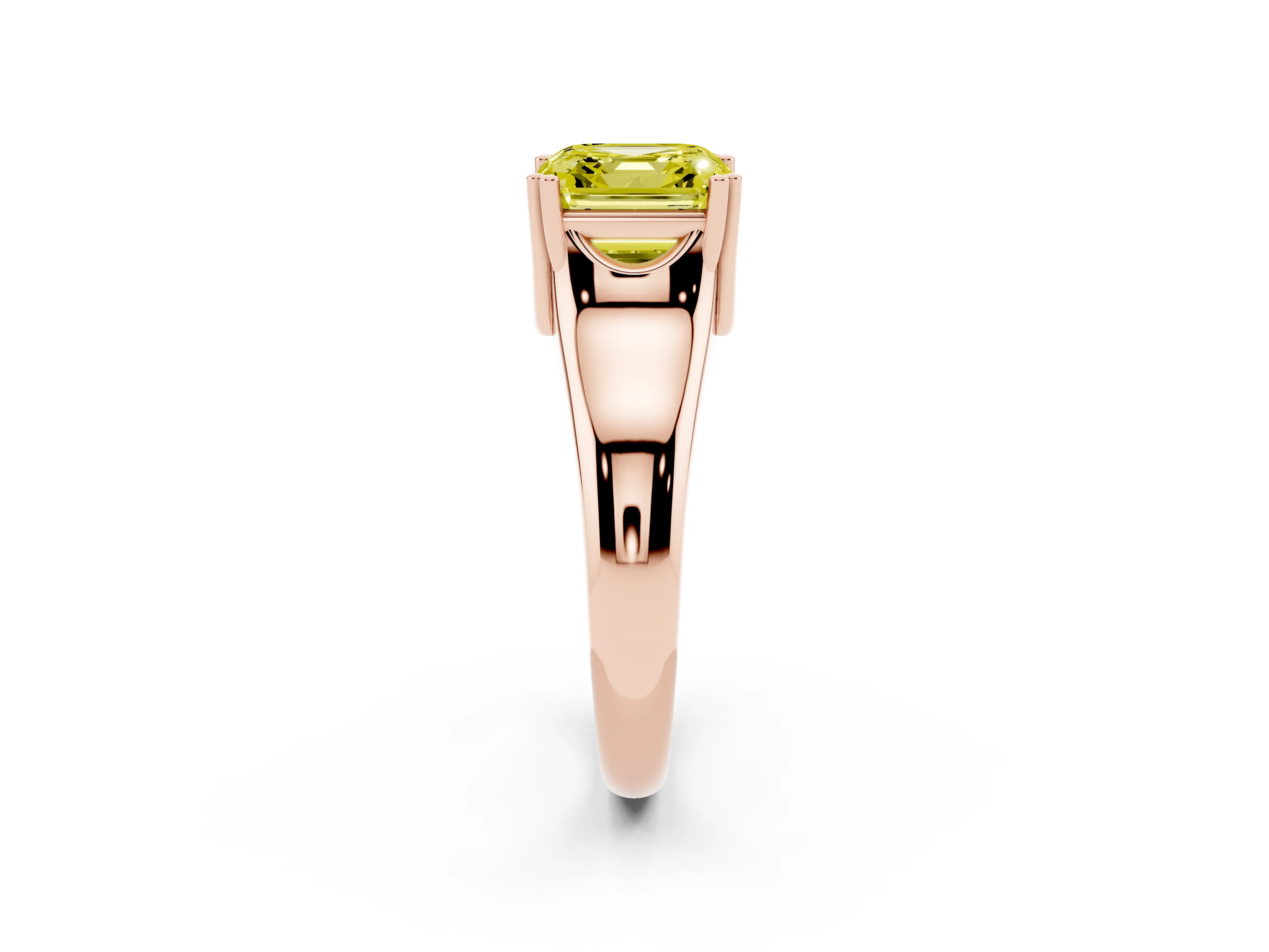 Fancy Yellow Asscher Cut Diamond Solitaire Ring Set in Rose gold with Wide Band and Prong Setting