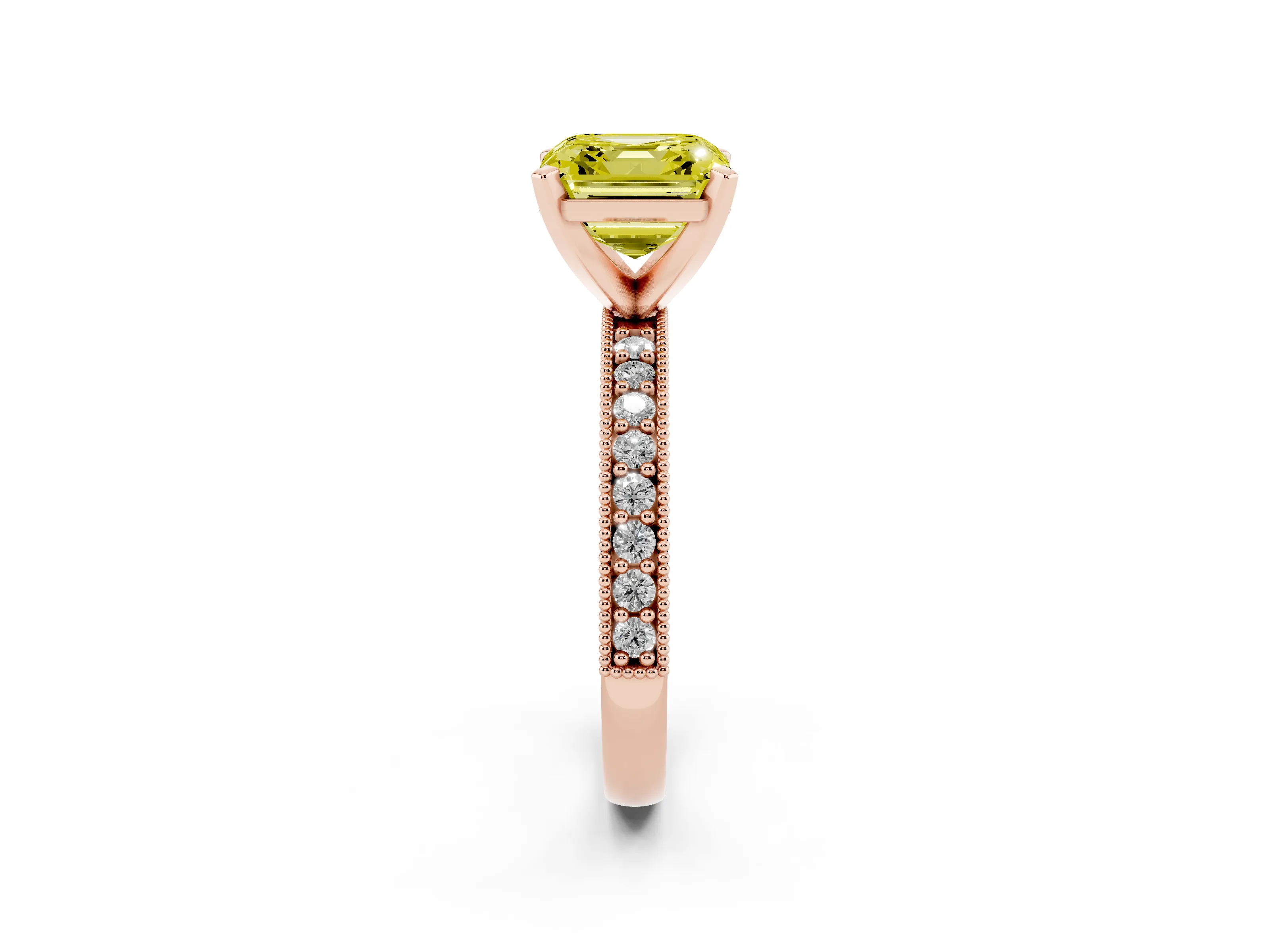 Fancy Yellow Asscher Cut Diamond Milgrain Pavé Engagement Ring Set in Rose gold with Prong Setting
