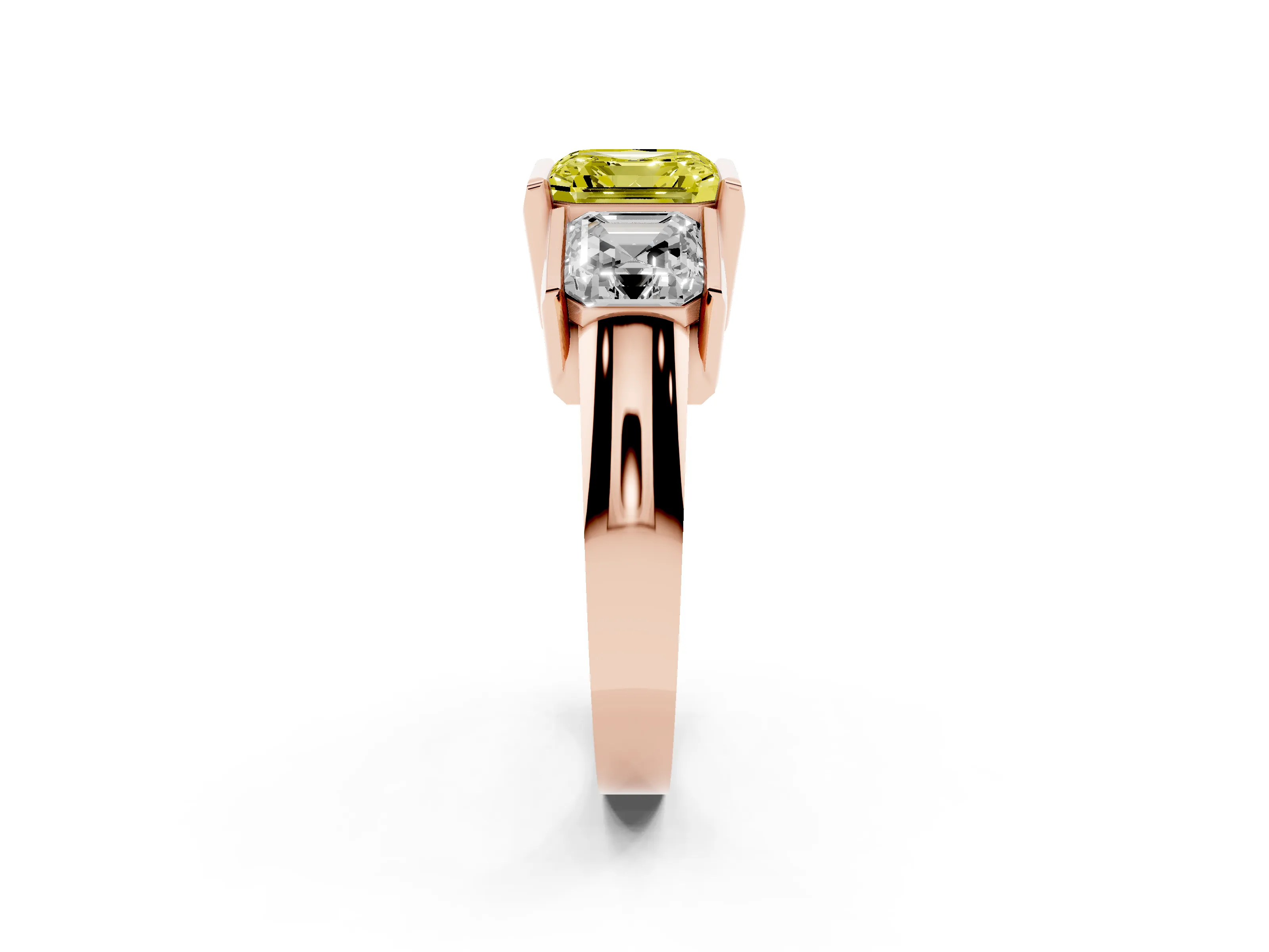 Fancy Yellow Asscher Cut Diamond Three-Stone Channel Set Ring Set in Rose gold with Smooth Polished Band