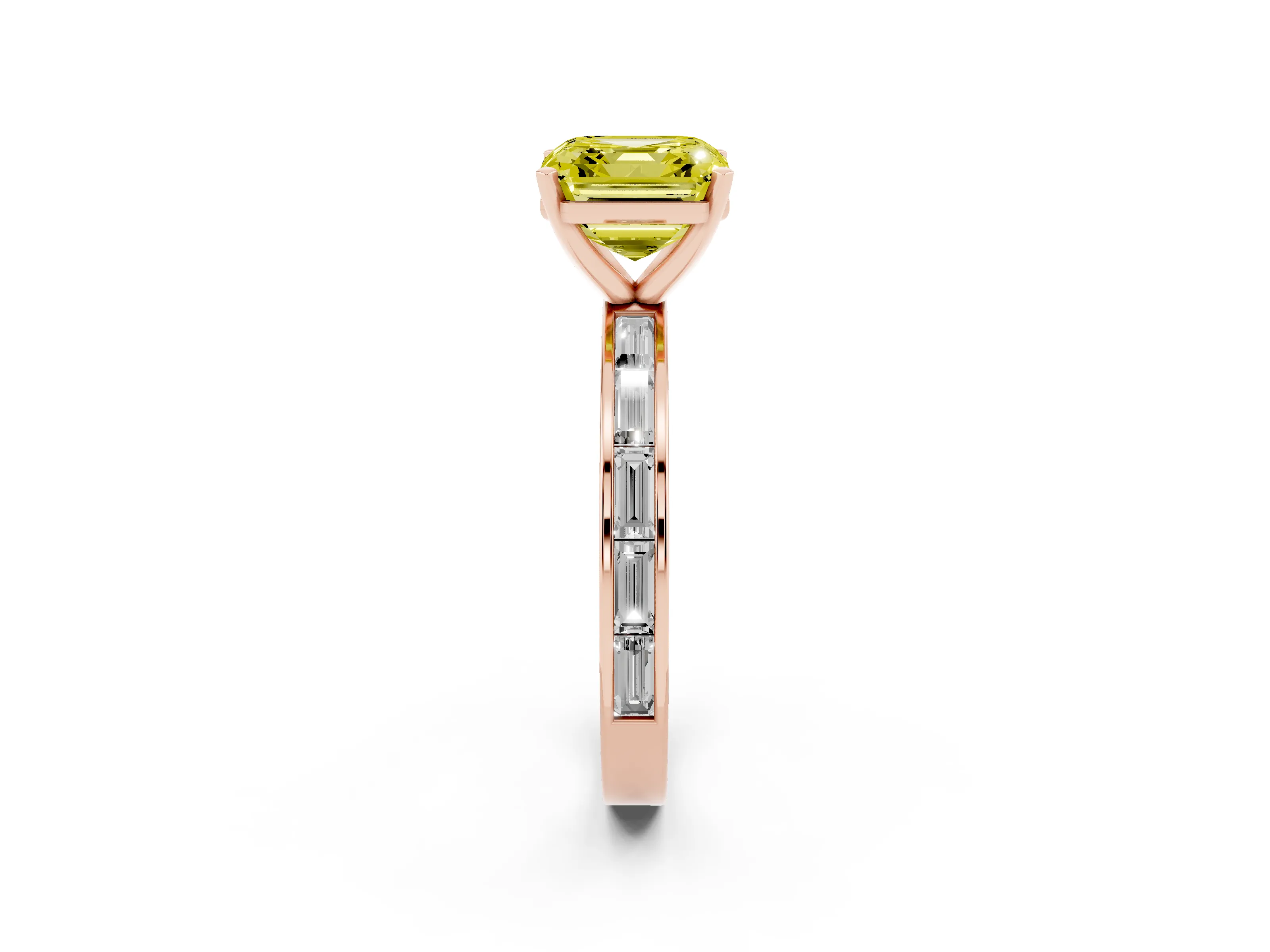 Fancy Yellow Asscher Cut Diamond Solitaire Ring Set in Rose gold with Channel-Set Baguette Band and Prong Setting