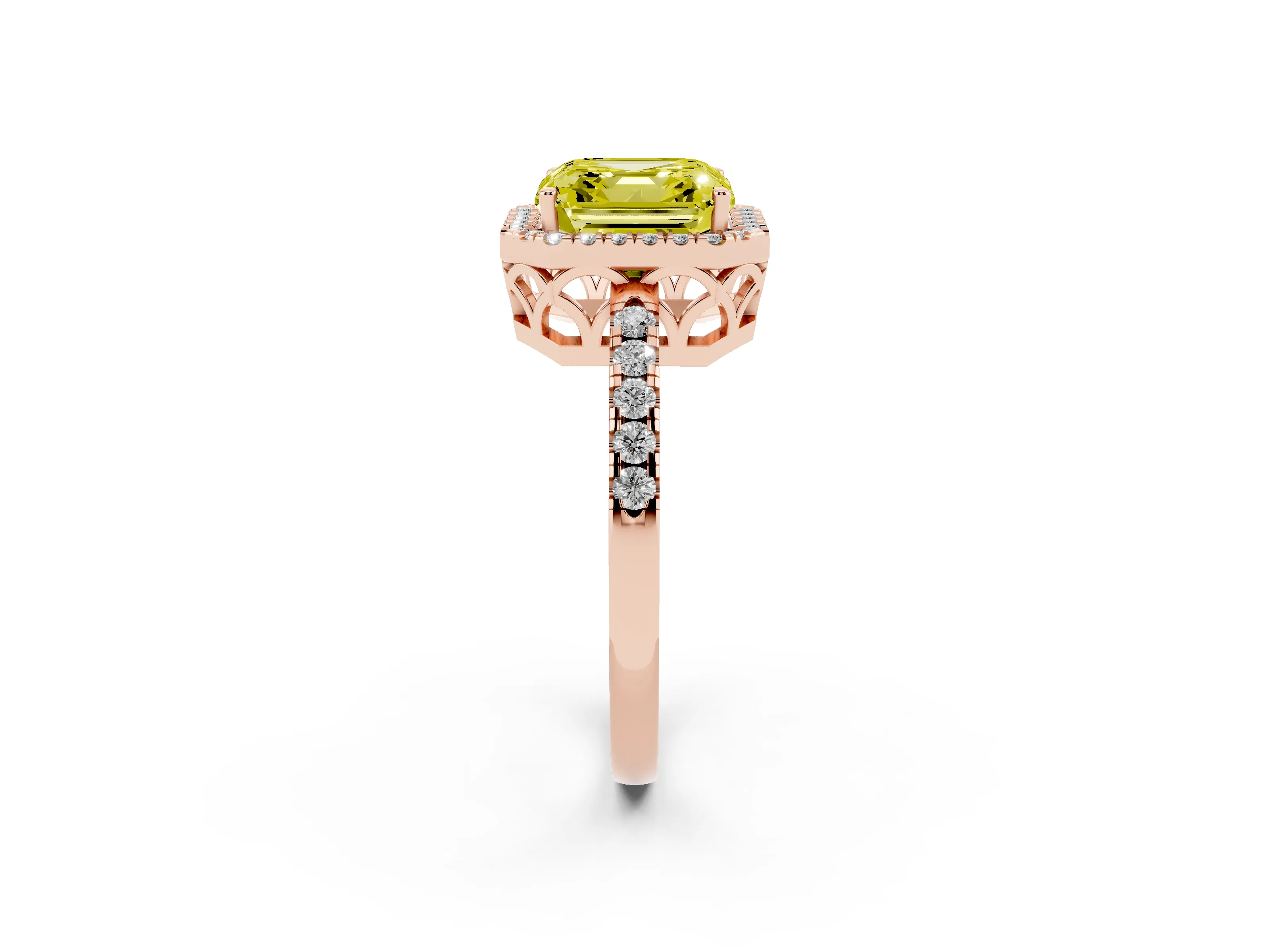 Fancy Yellow Asscher Cut Diamond Pavé Band Halo Engagement Ring Set in Rose gold with Prong Setting