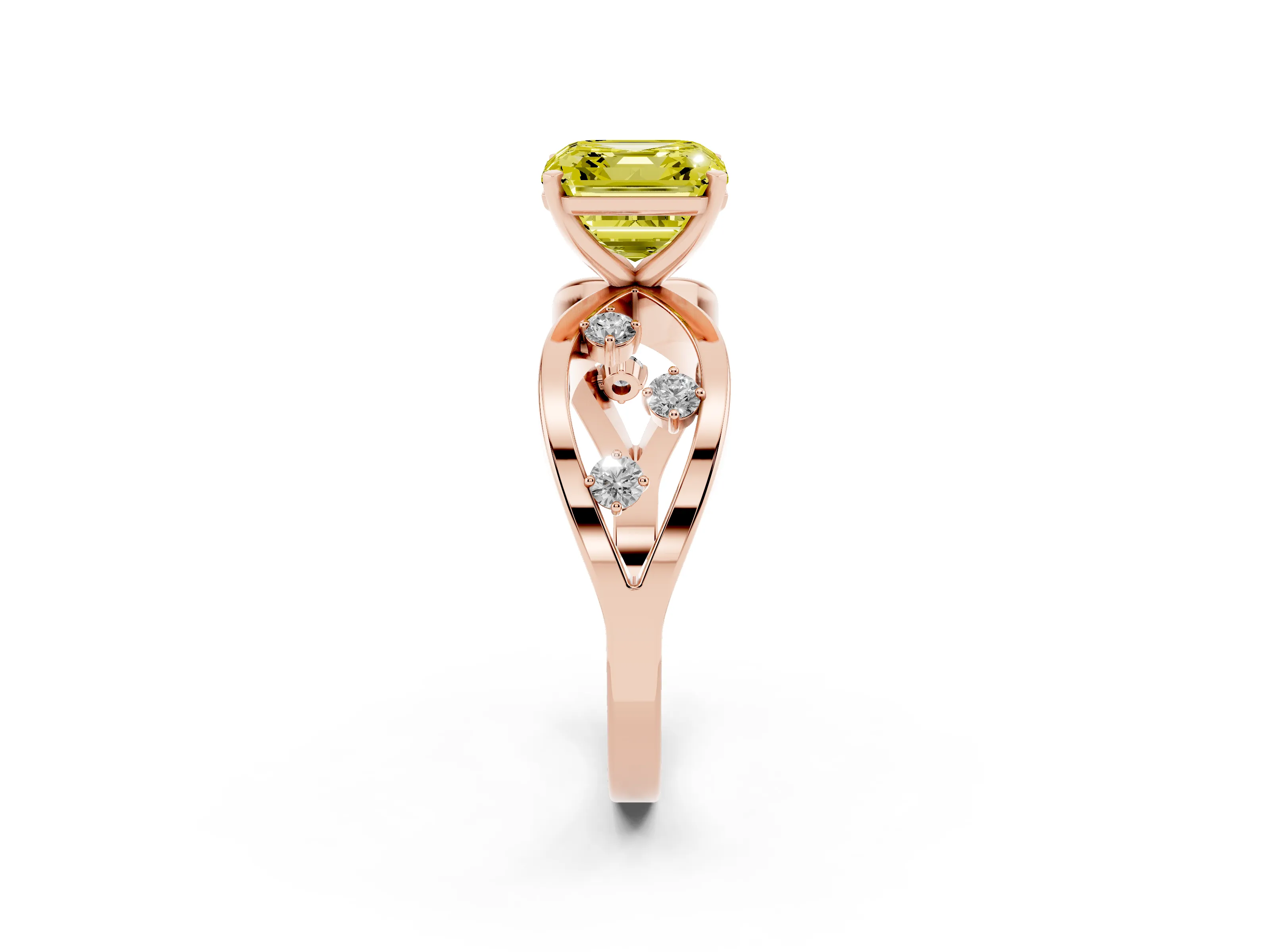 Fancy Yellow Asscher Cut Diamond Solitaire Ring Set in Rose gold with Side Stones on Criss-Cross Band and Prong Setting