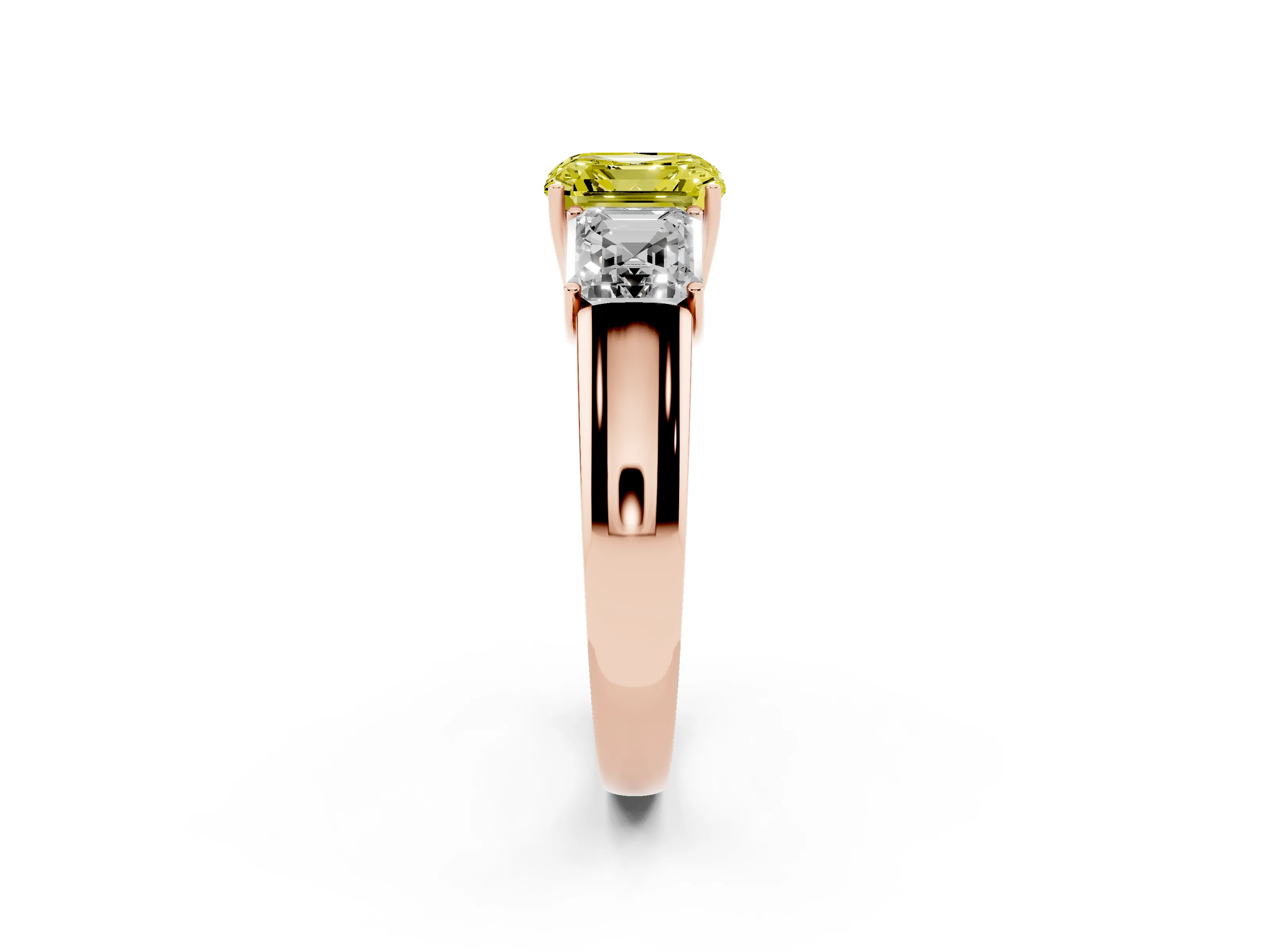 Fancy Yellow Three-Stone Asscher Cut Diamond Ring Set in Rose gold with Matching Prong Settings and Plain Band
