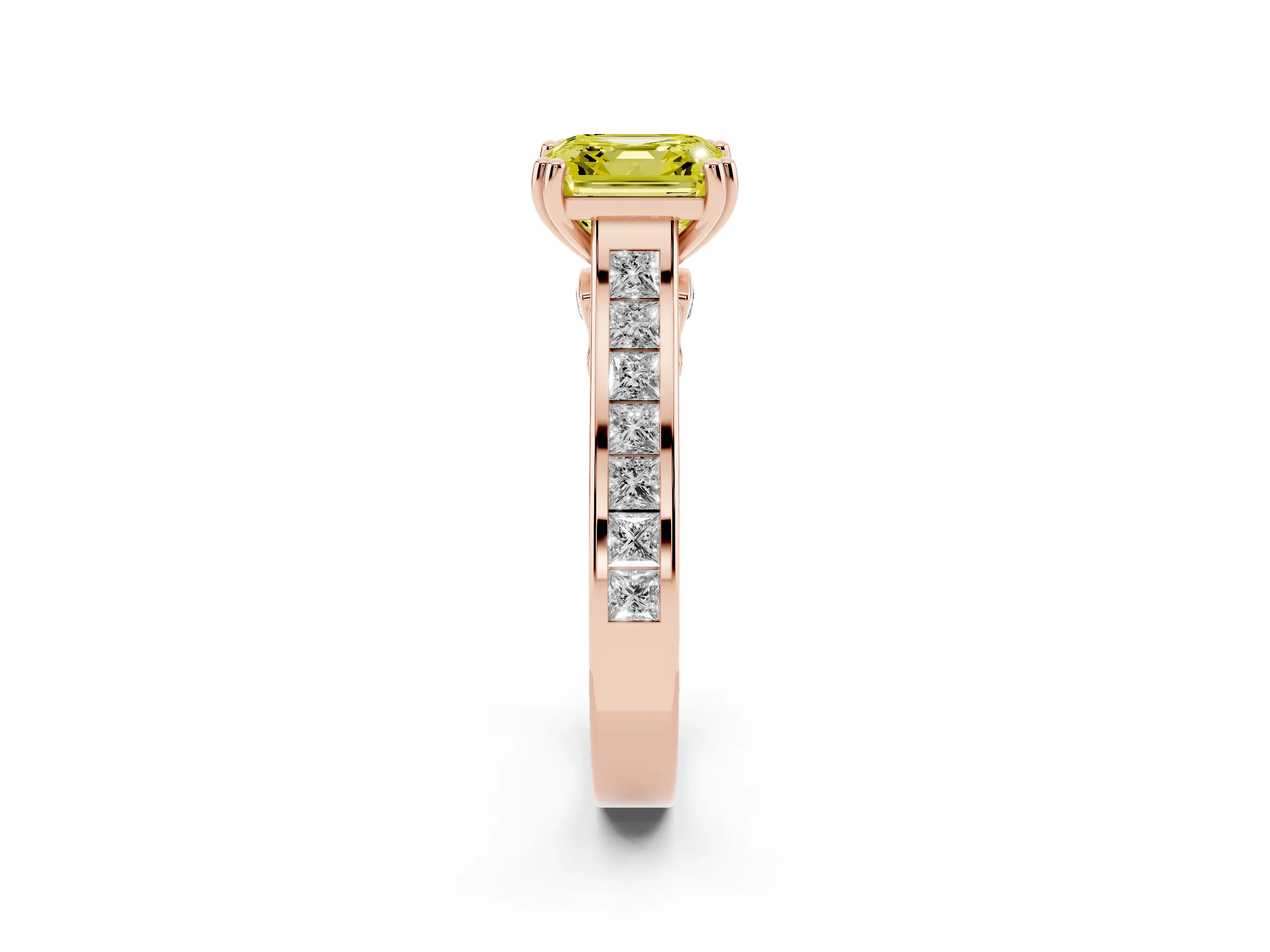 Fancy Yellow Asscher Cut Diamond Channel Set Solitaire Engagement Ring Set in Rose gold with Prong Setting