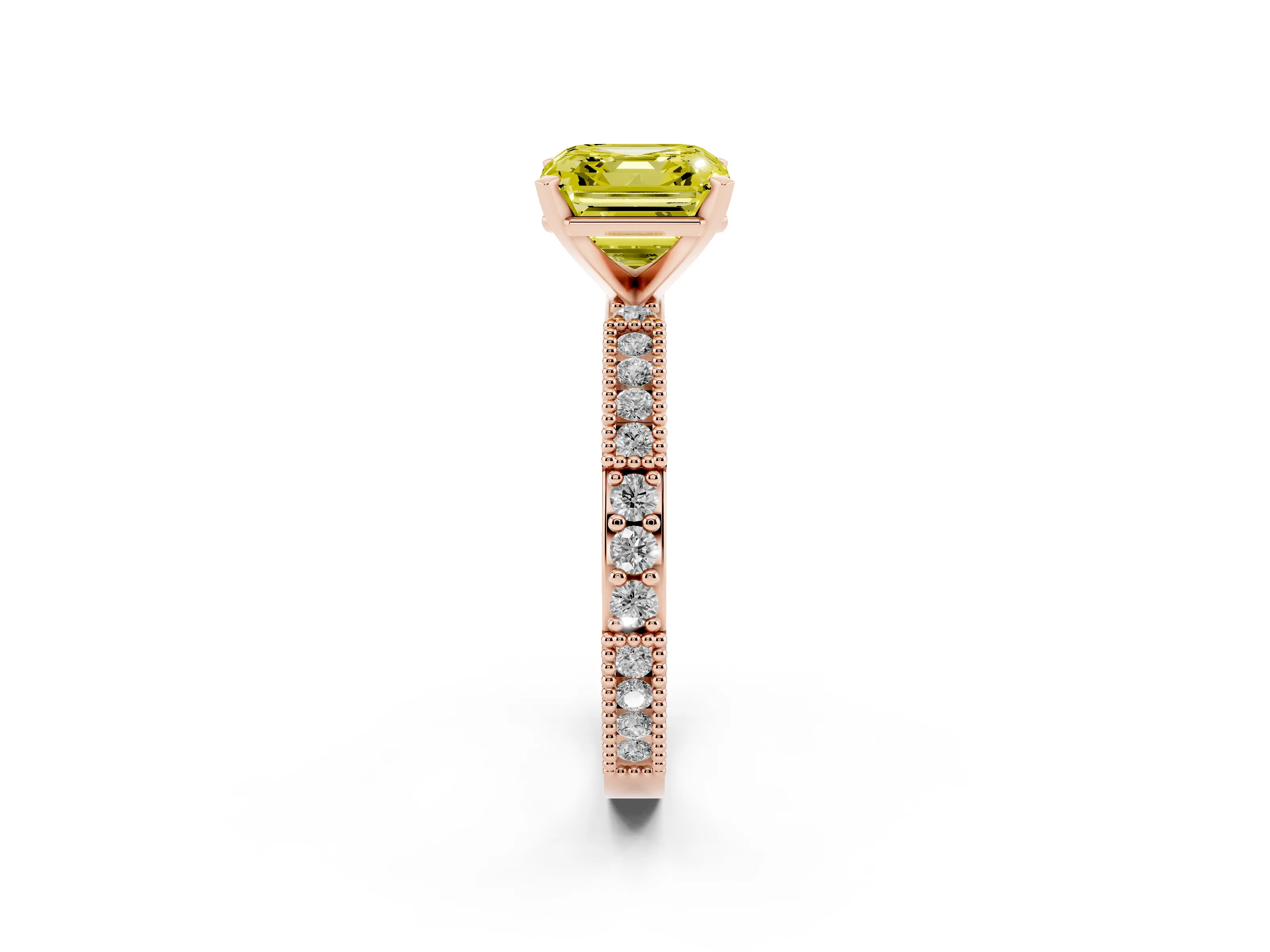Fancy Yellow Asscher Cut Diamond Solitaire Ring Set in Rose gold with Slim Pavé Band and Prong Setting
