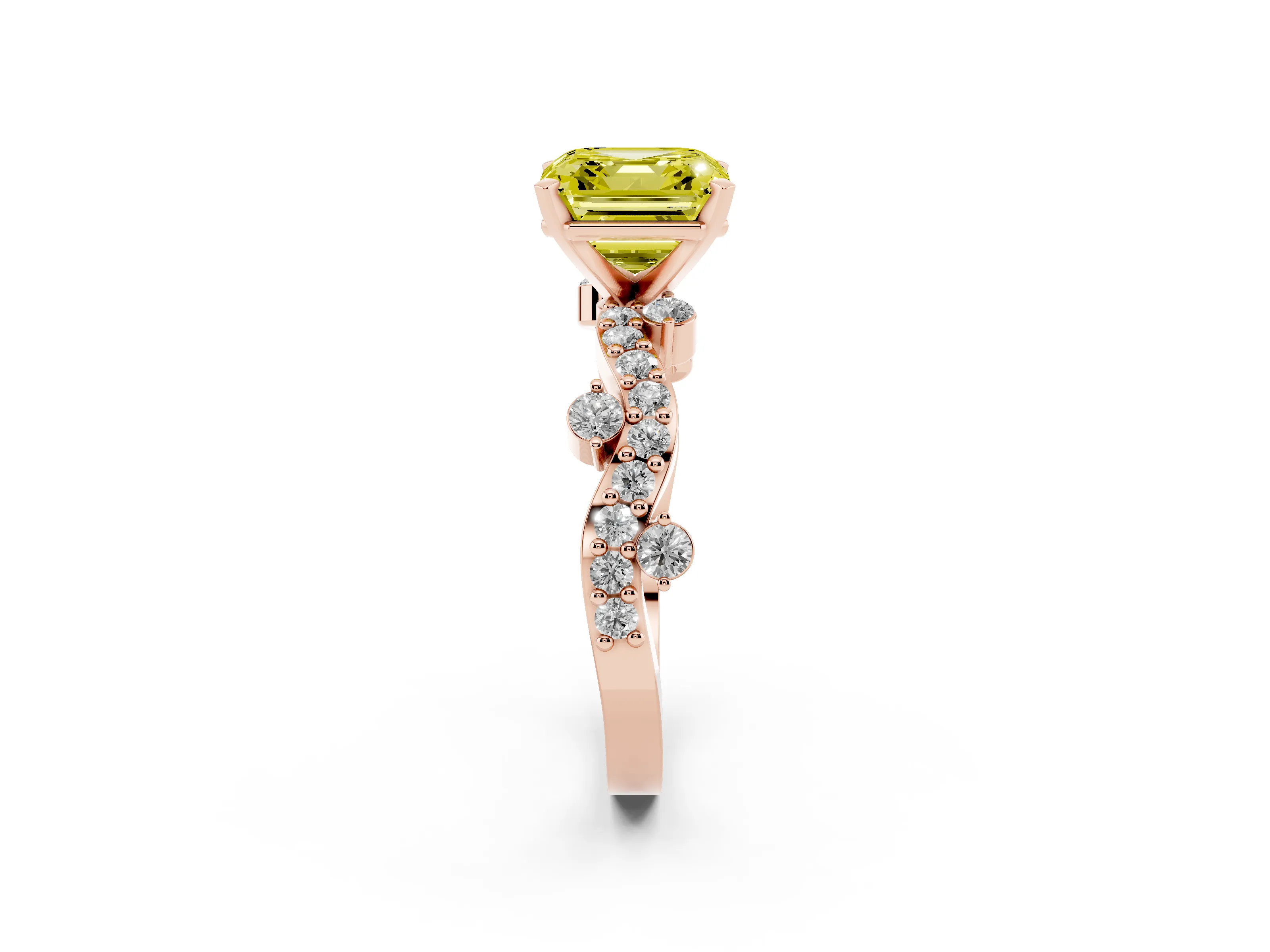 Fancy Yellow Asscher Cut Diamond Solitaire Twisted Band Set in Rose gold with Pavé Setting