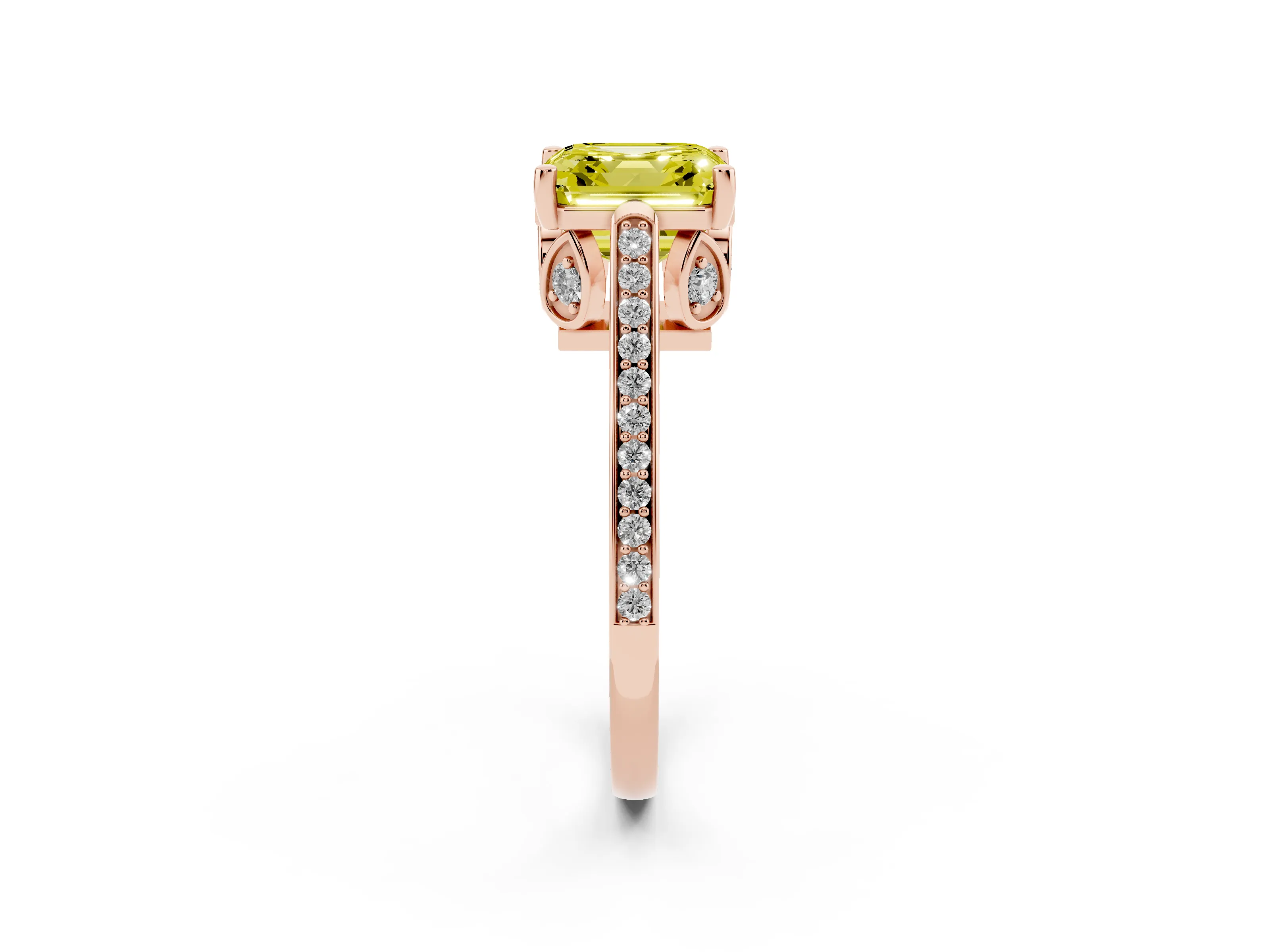 Fancy Yellow Asscher Cut Diamond Cathedral Pavé Engagement Ring Set in Rose gold with Prong Setting