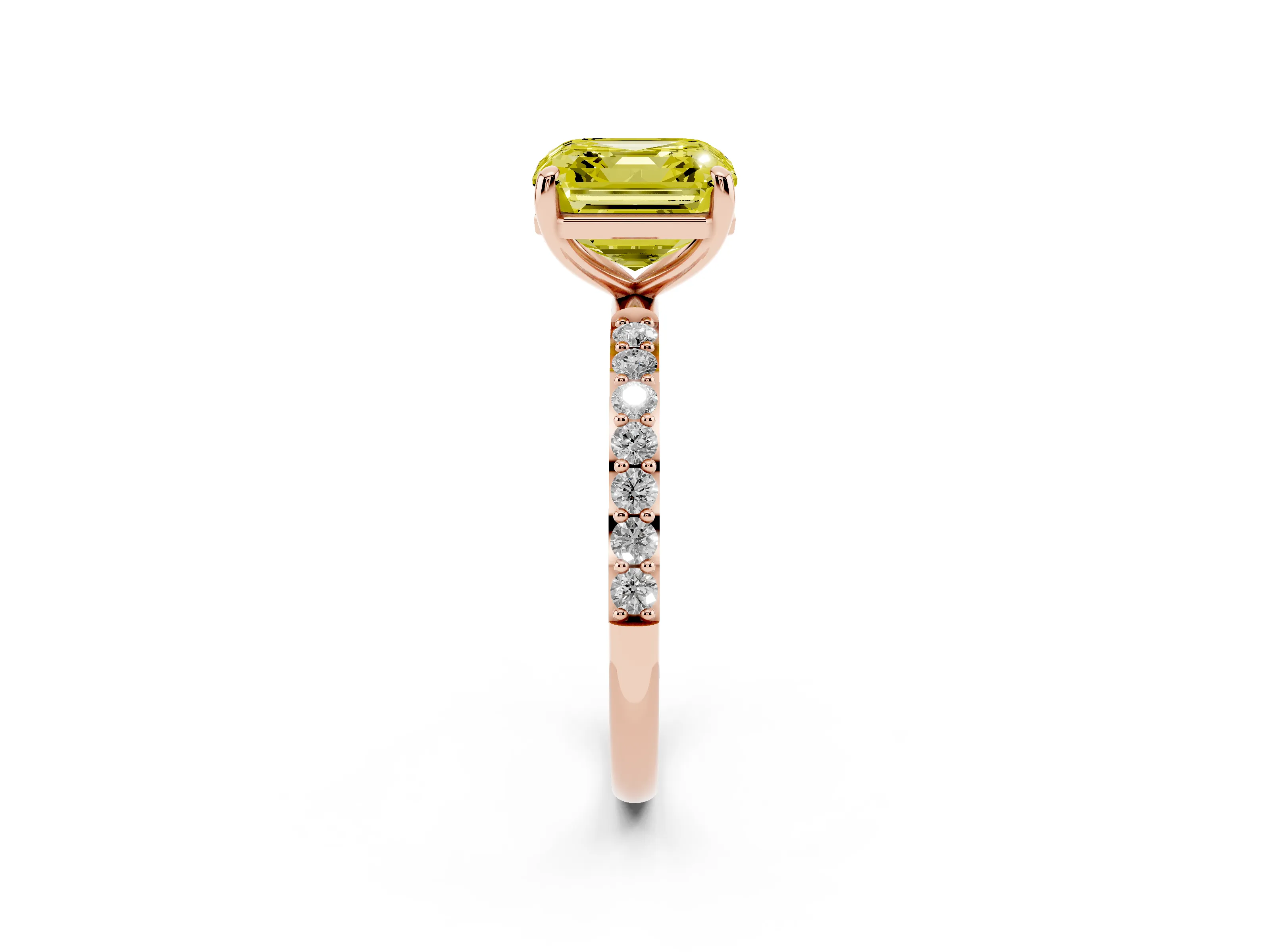 Fancy Yellow Asscher Cut Diamond Solitaire Ring Set in Rose gold with Round Pavé Band and Prong Setting