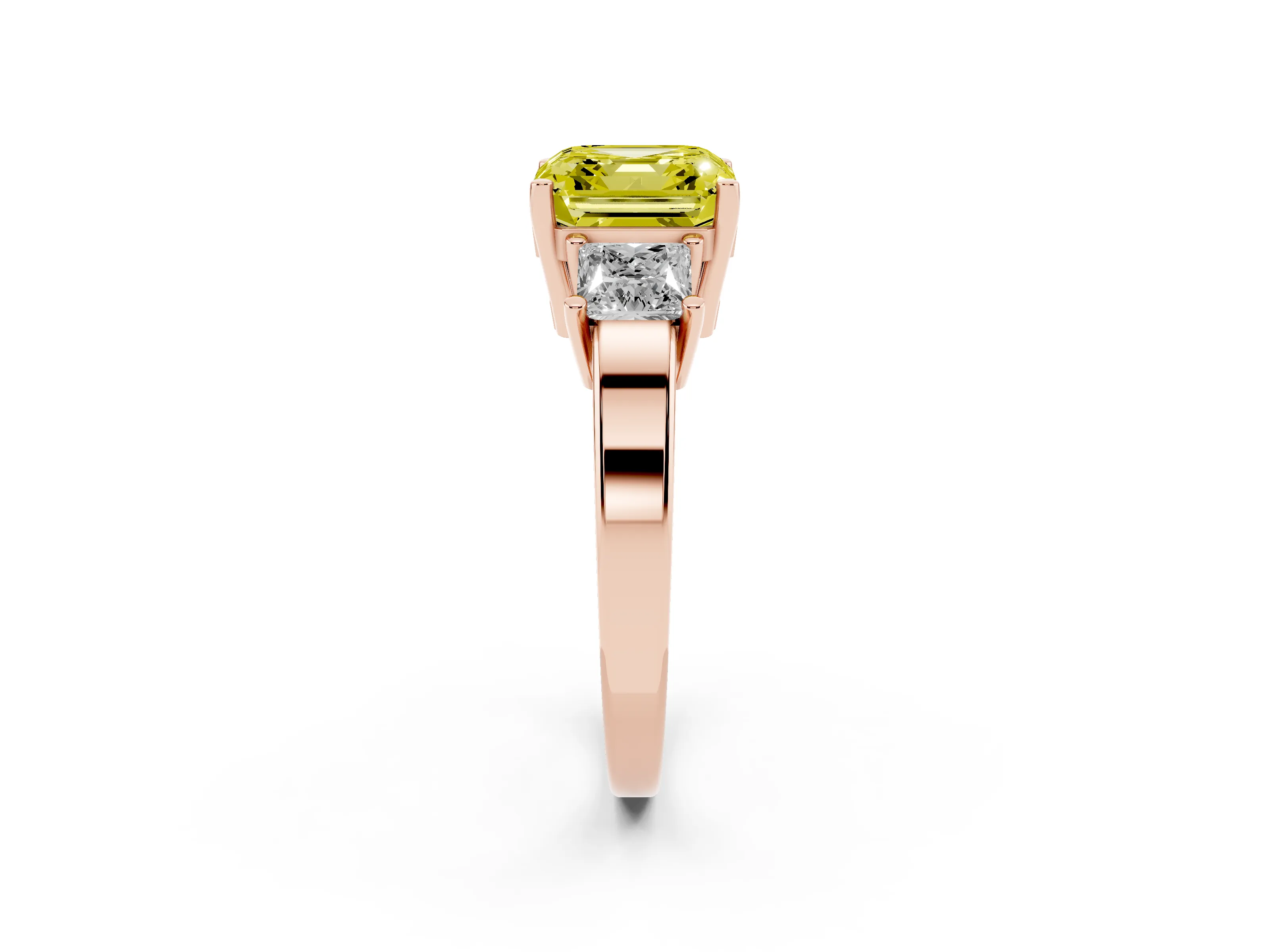 Fancy Yellow Three-Stone Asscher Cut Diamond Solitaire Ring Set in Rose gold with Prong Setting