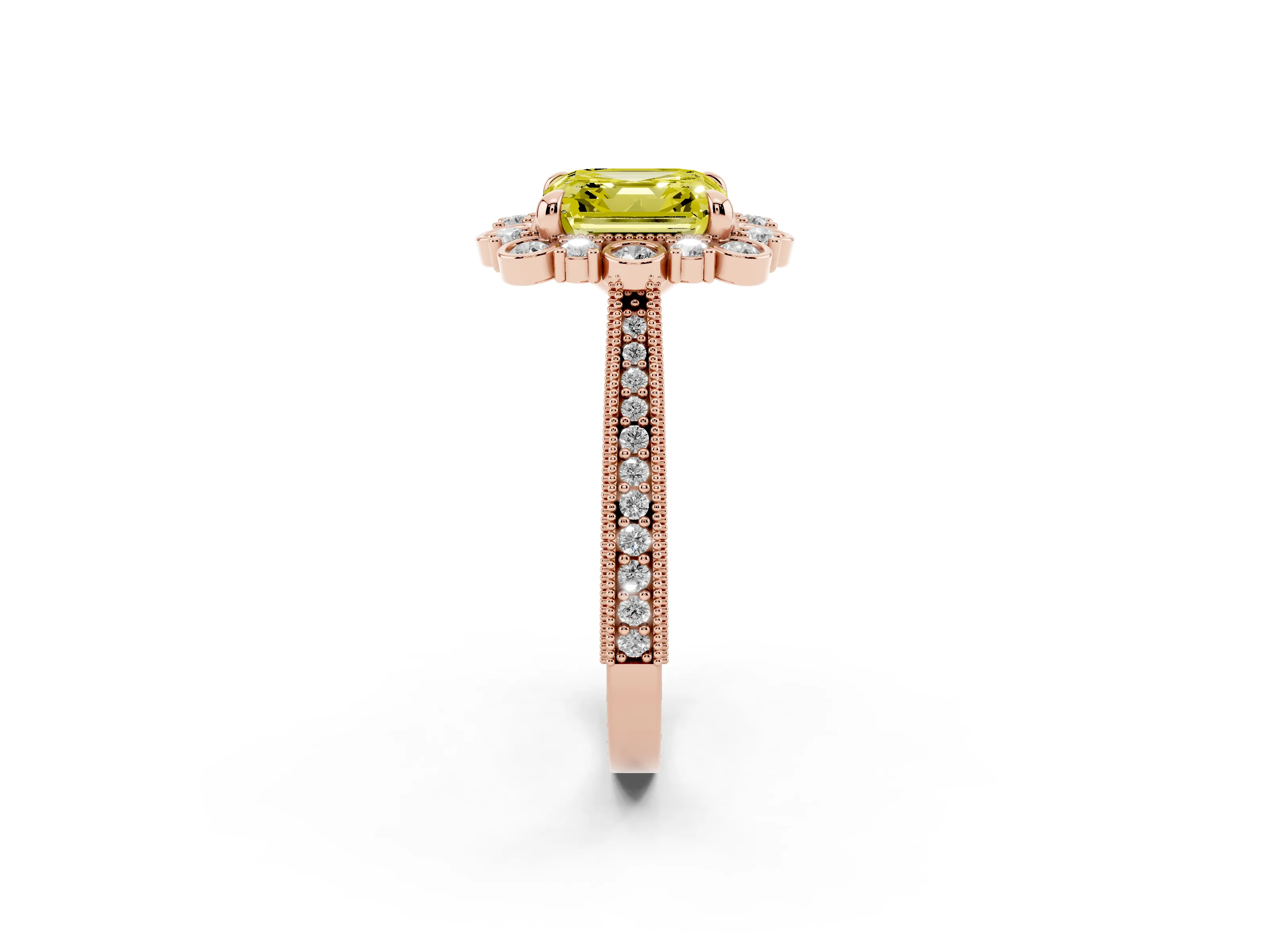 Fancy Yellow Asscher Cut Diamond Halo Milgrain Pavé Ring Set in Rose gold with Prong Setting
