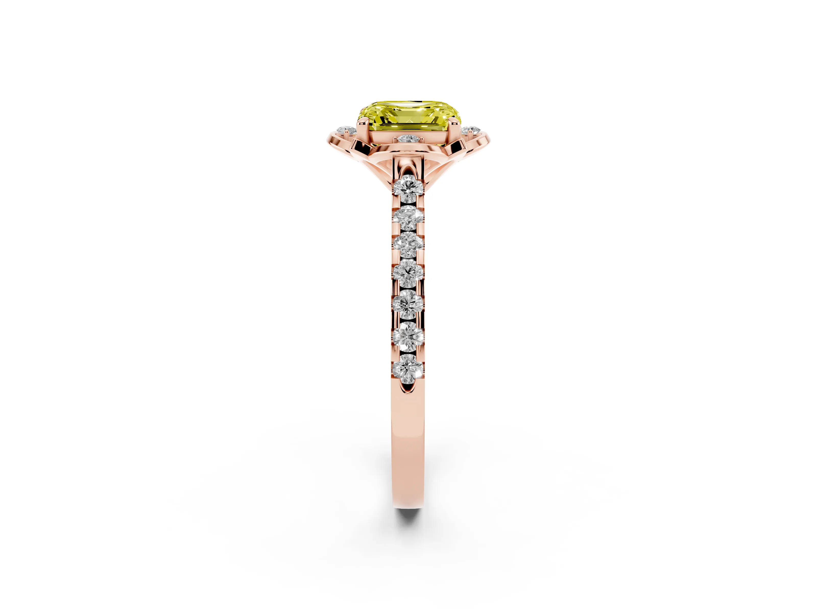 Fancy Yellow Asscher Cut Diamond Solitaire Ring Set in Rose gold with Pavé Band and Floral Prong Setting