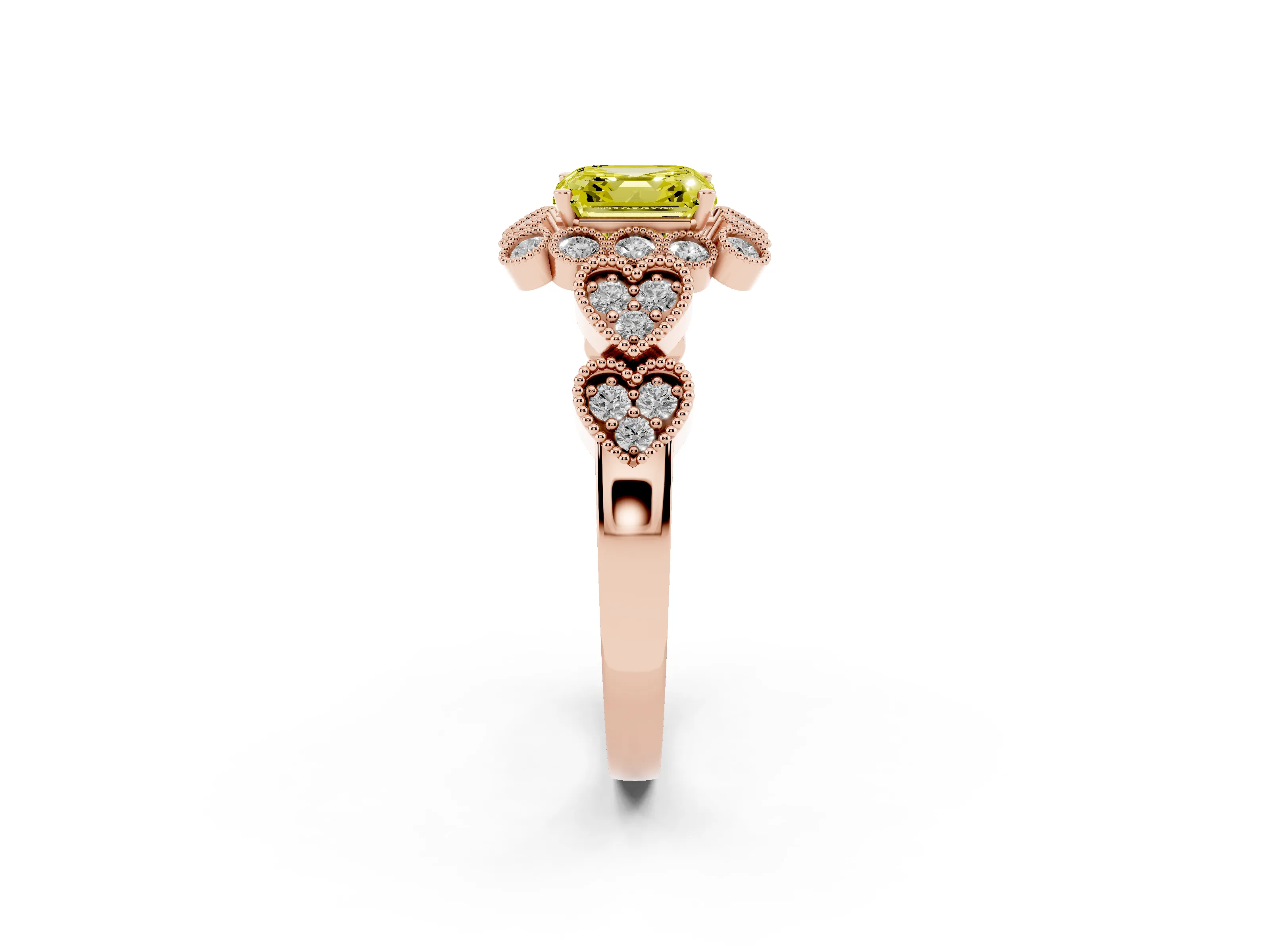Fancy Yellow Asscher Cut Diamond Solitaire Ring Set in Rose gold with Milgrain Pavé Heart Band