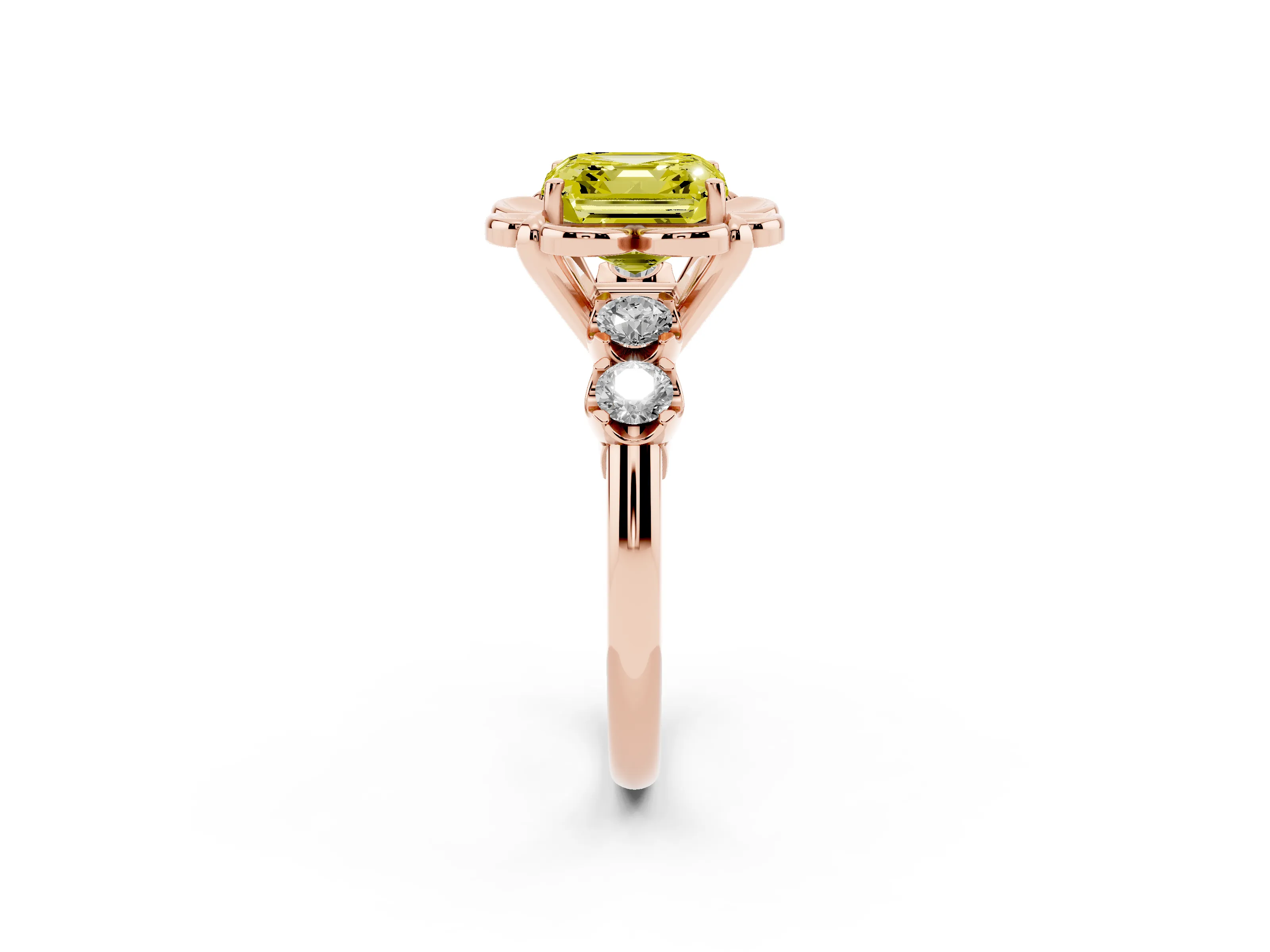 Fancy Yellow Asscher Cut Diamond Floral Halo Ring Set in Rose gold with Shared Prong Band