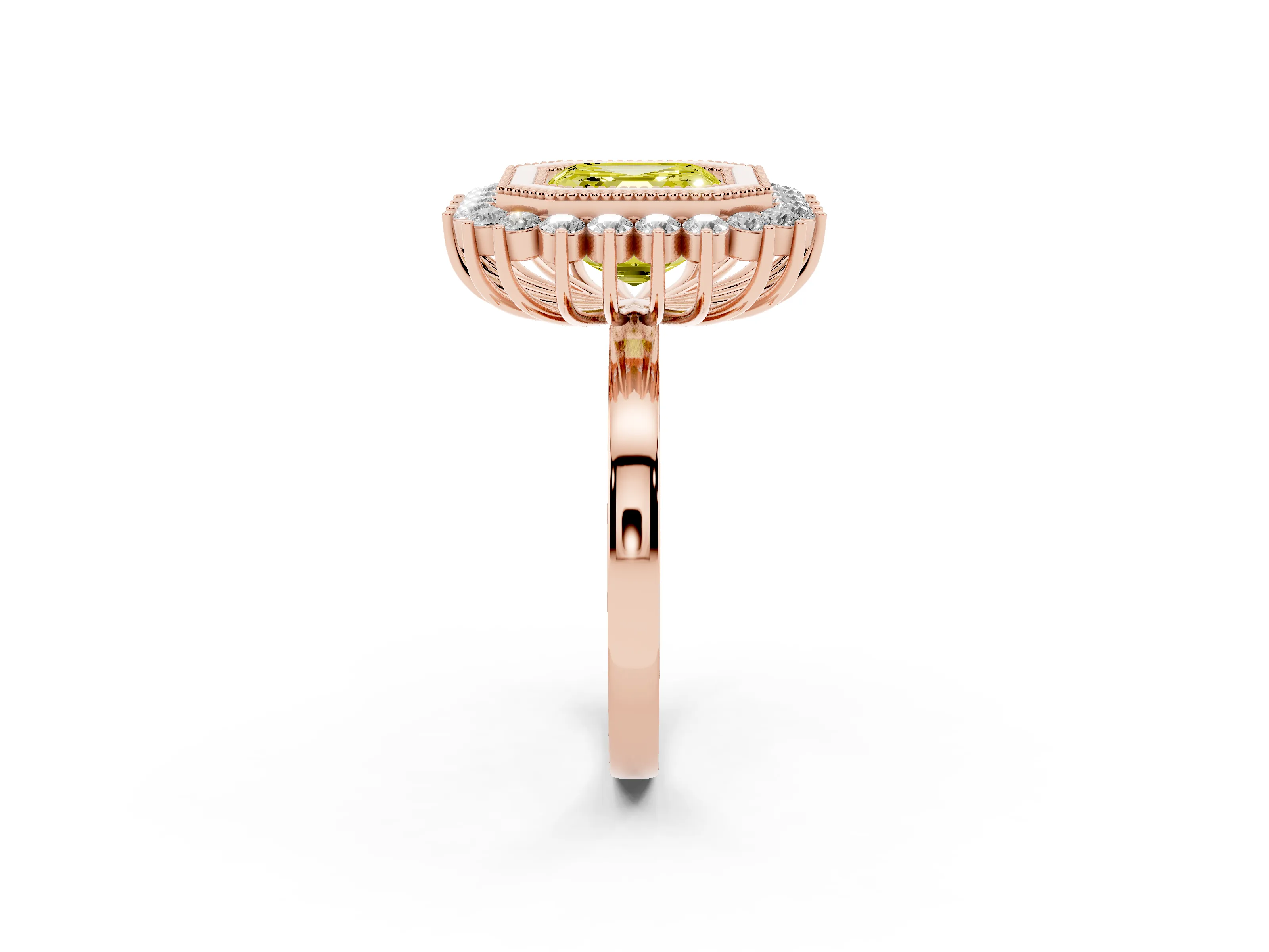 Fancy Yellow Asscher Cut Diamond Halo Ring Set in Rose gold with Milgrain Edge and Round Prong Setting