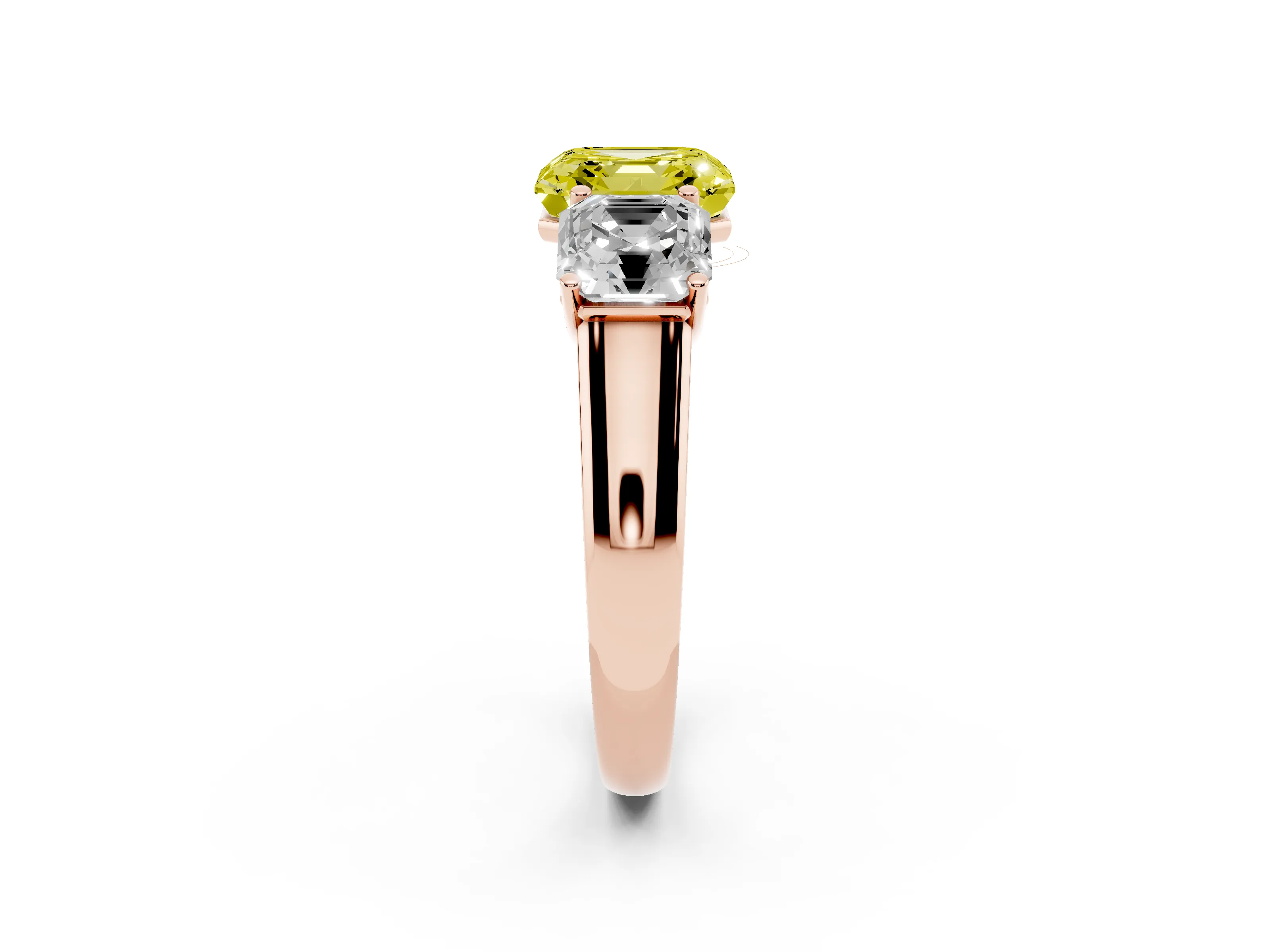 Fancy Yellow Asscher Cut Diamond Three-Stone Ring Set in Rose gold with Plain Polished Band