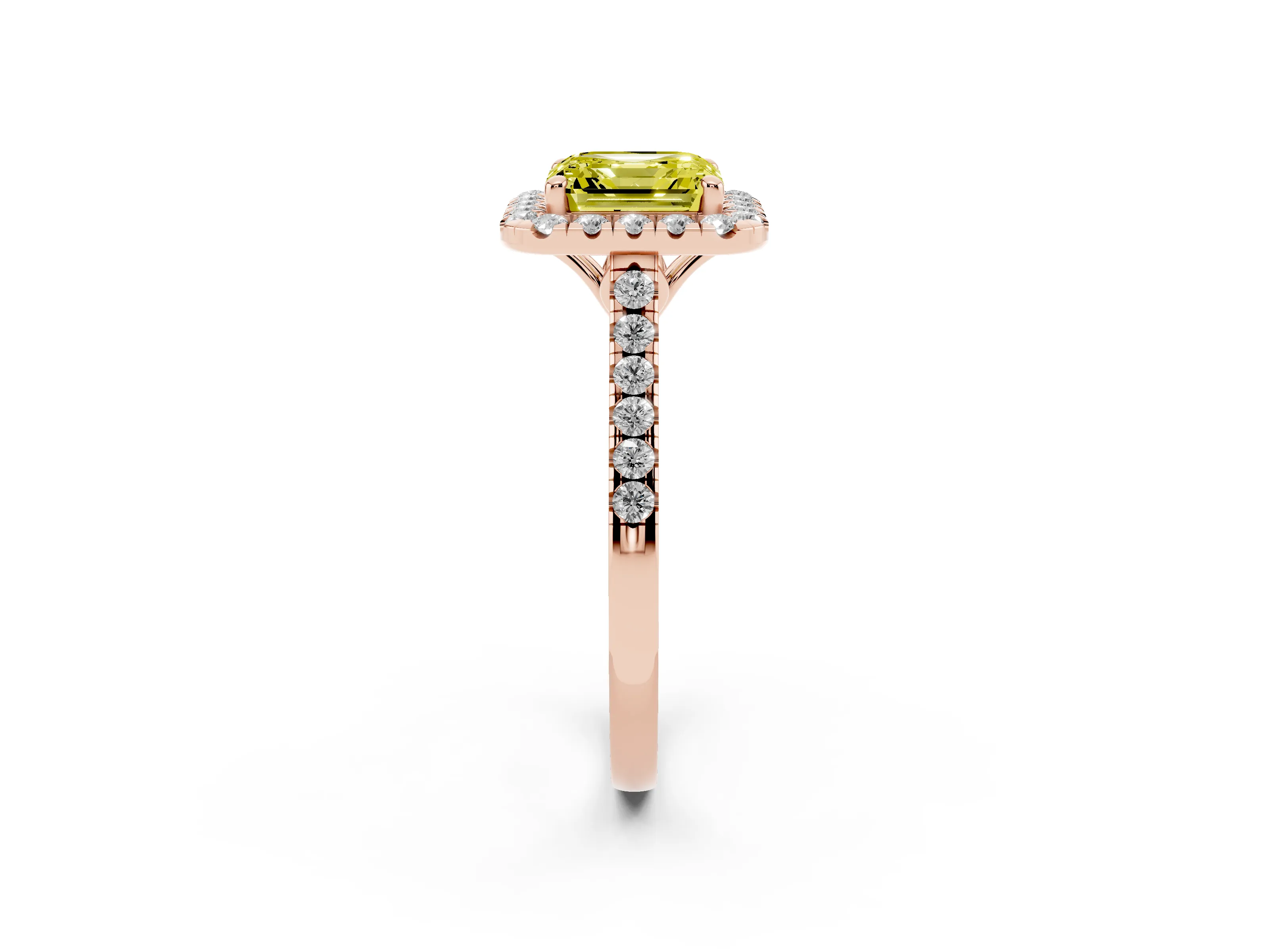 Fancy Yellow Asscher Cut Diamond Pavé Halo Engagement Ring Set in Rose gold with Pavé Band and Prong Setting