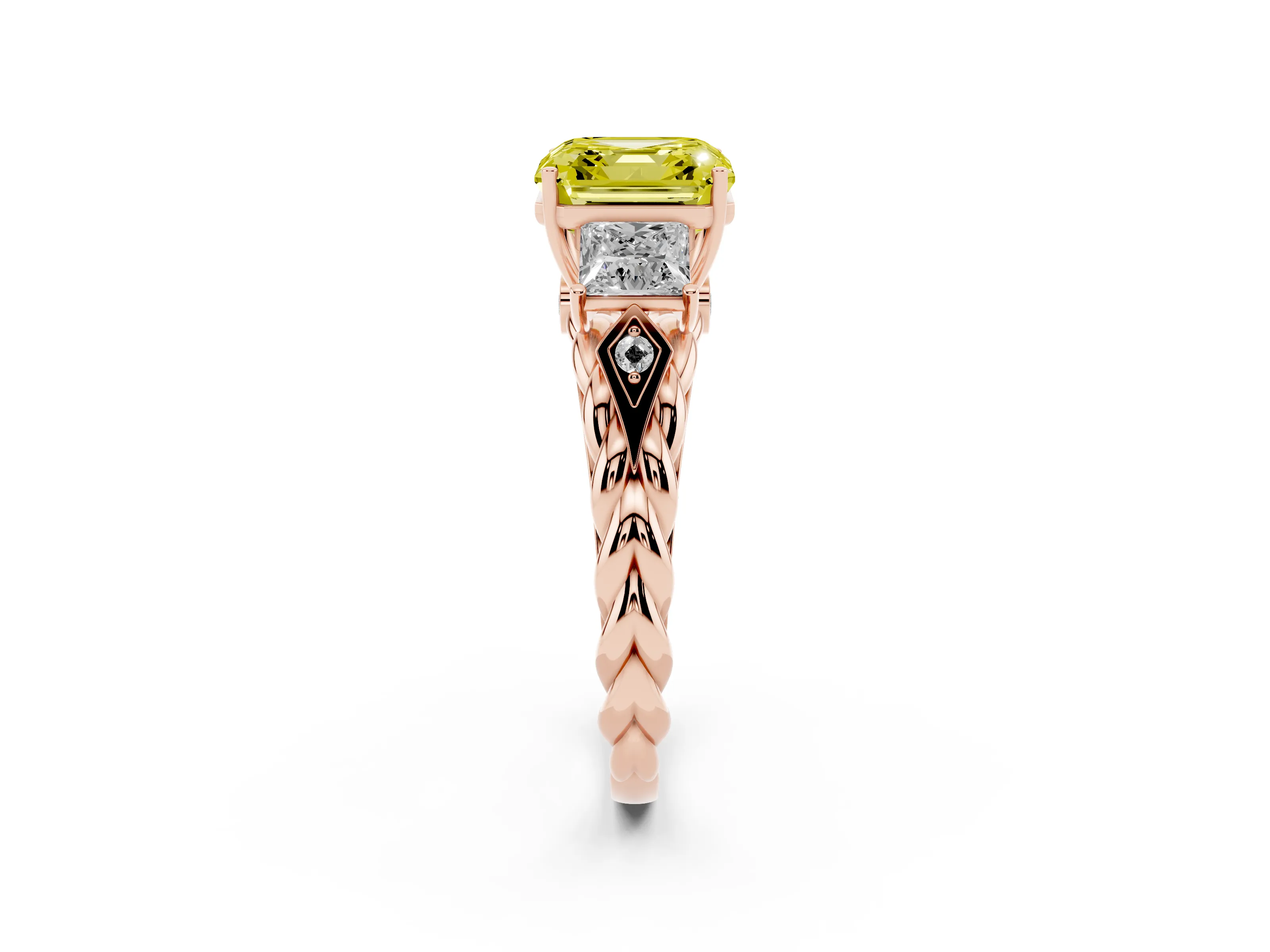 Fancy Yellow Asscher Cut Diamond Three-Stone Ring Set in Rose gold with Braided Band
