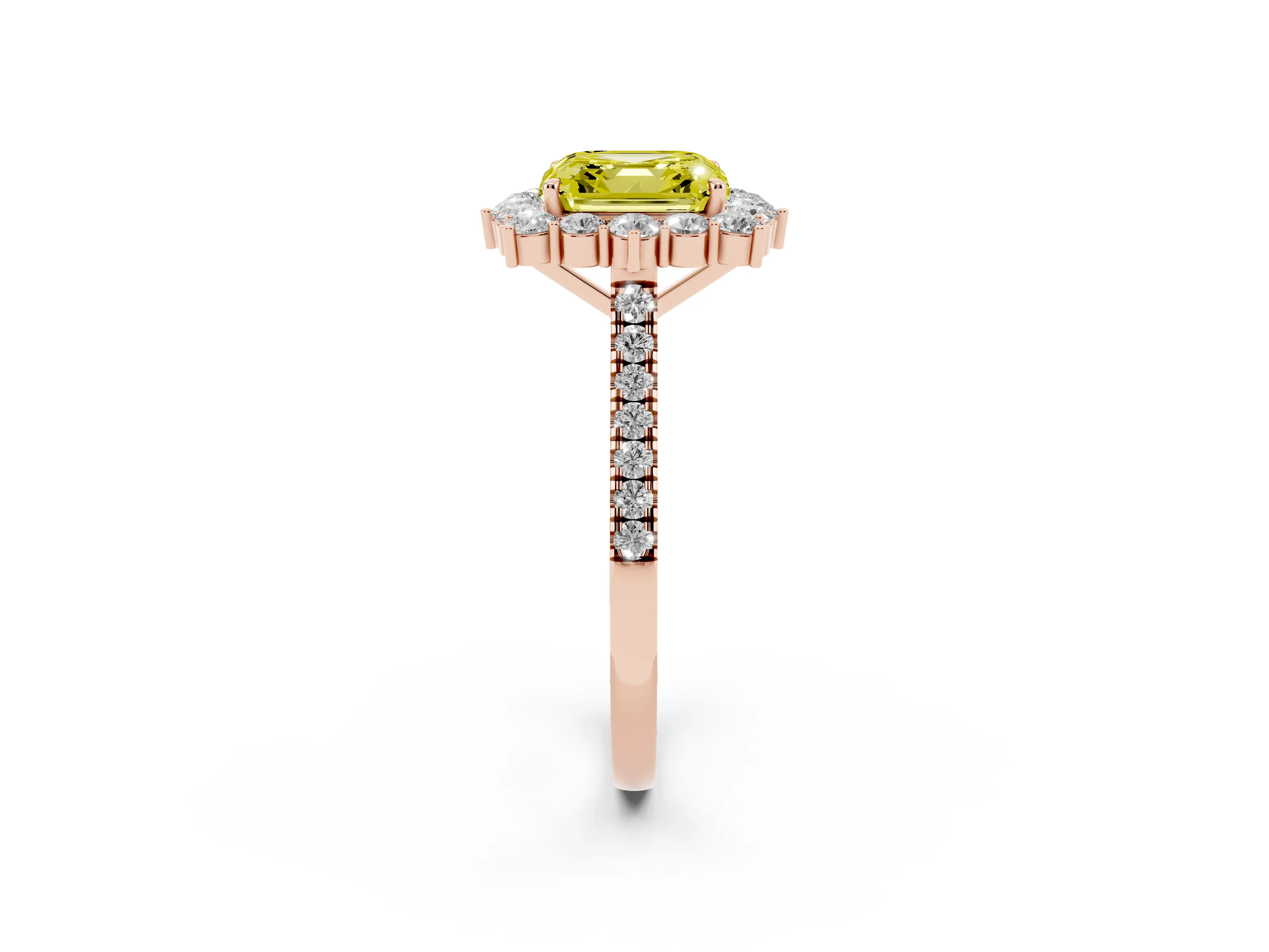 Fancy Yellow Asscher Cut Diamond Halo Ring Set in Rose gold with Pavé Band and Prong Setting