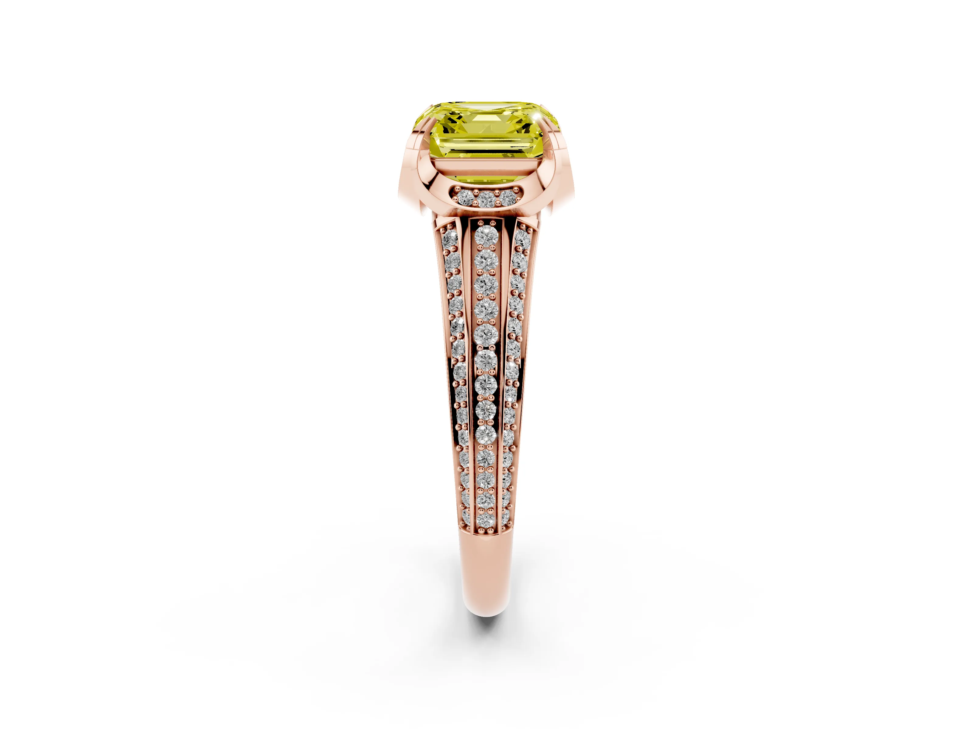 Fancy Yellow Asscher Cut Diamond Pavé Split Shank Solitaire Ring Set in Rose gold with Prong Setting