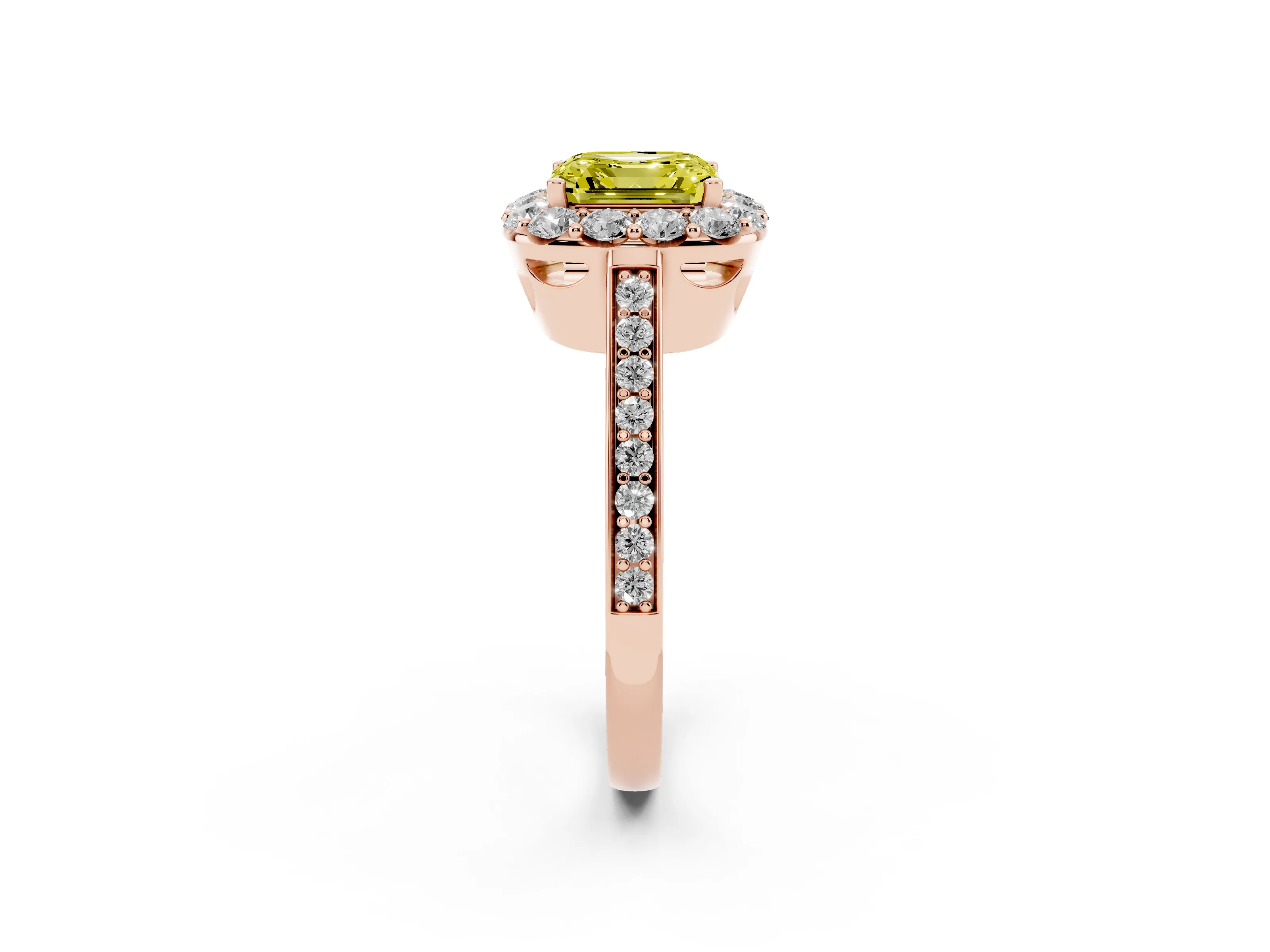 Fancy Yellow Asscher Cut Diamond Floral Halo Ring Set in Rose gold with Pavé Band and Prong Setting