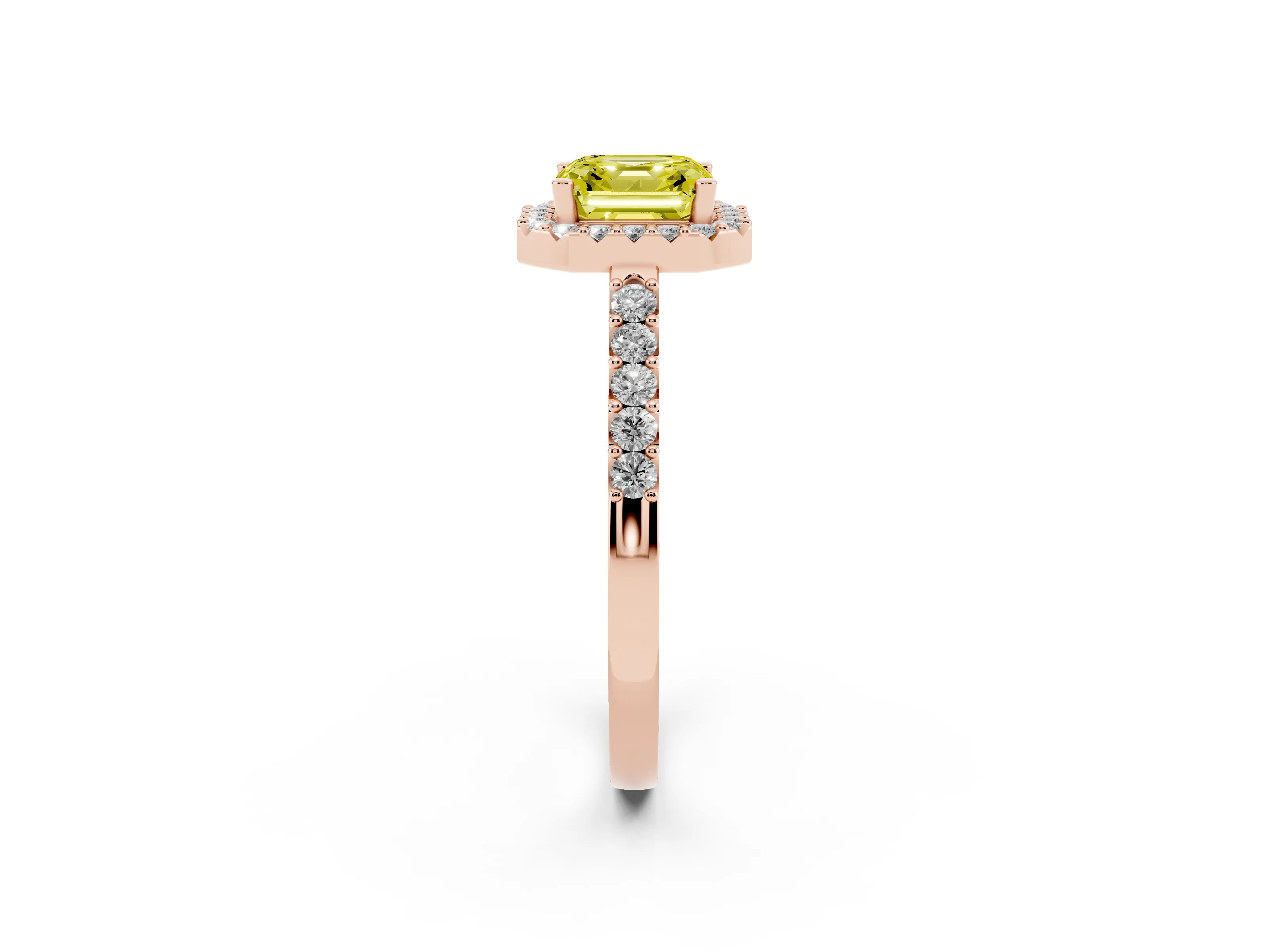 Fancy Yellow Asscher Cut Diamond Halo Pavé Solitaire Ring Set in Rose gold with Prong-Set Center Stone