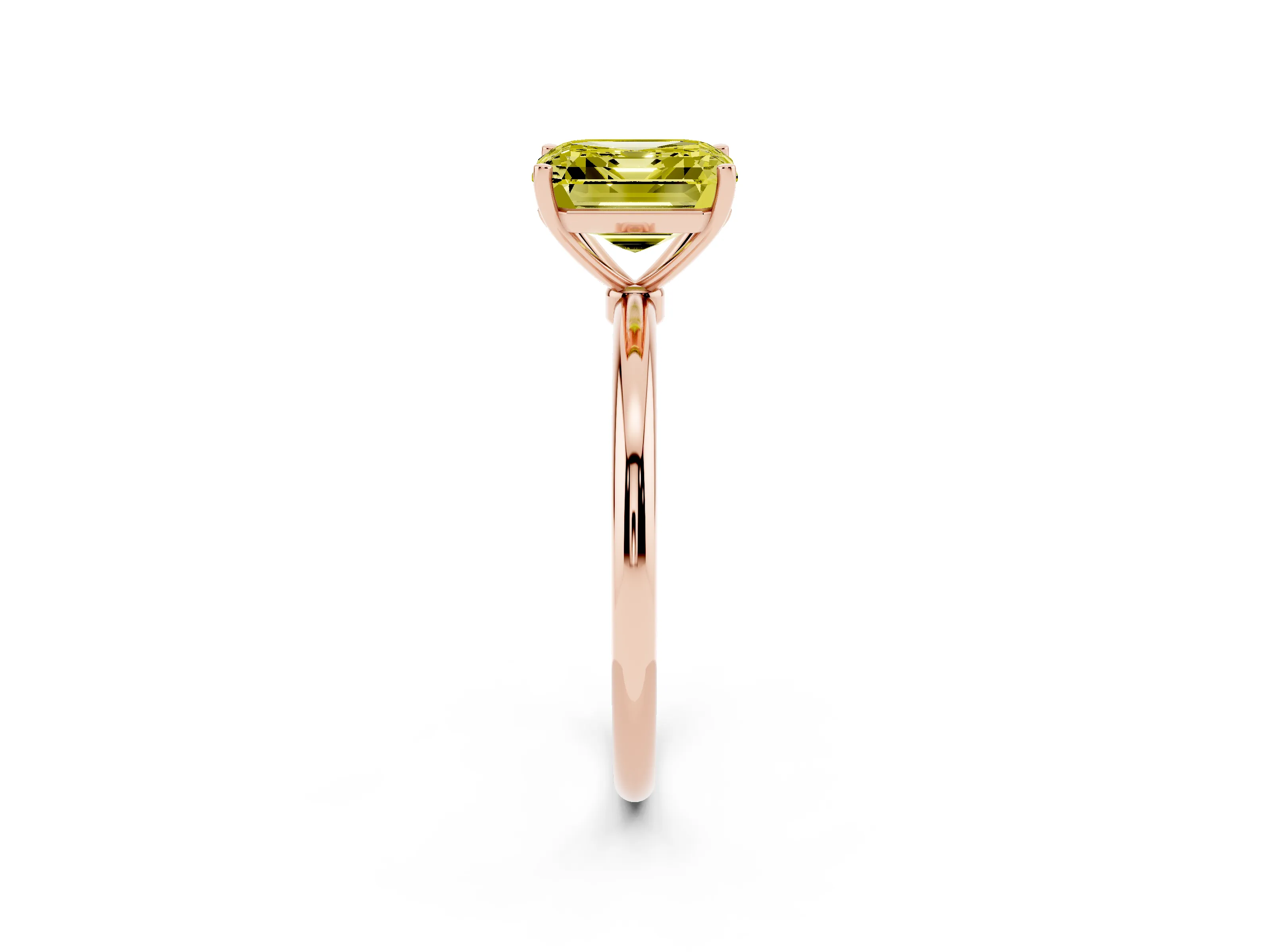 Fancy Yellow Asscher Cut Diamond Solitaire Engagement Ring Set in Rose gold with Thin Band and Prong Setting
