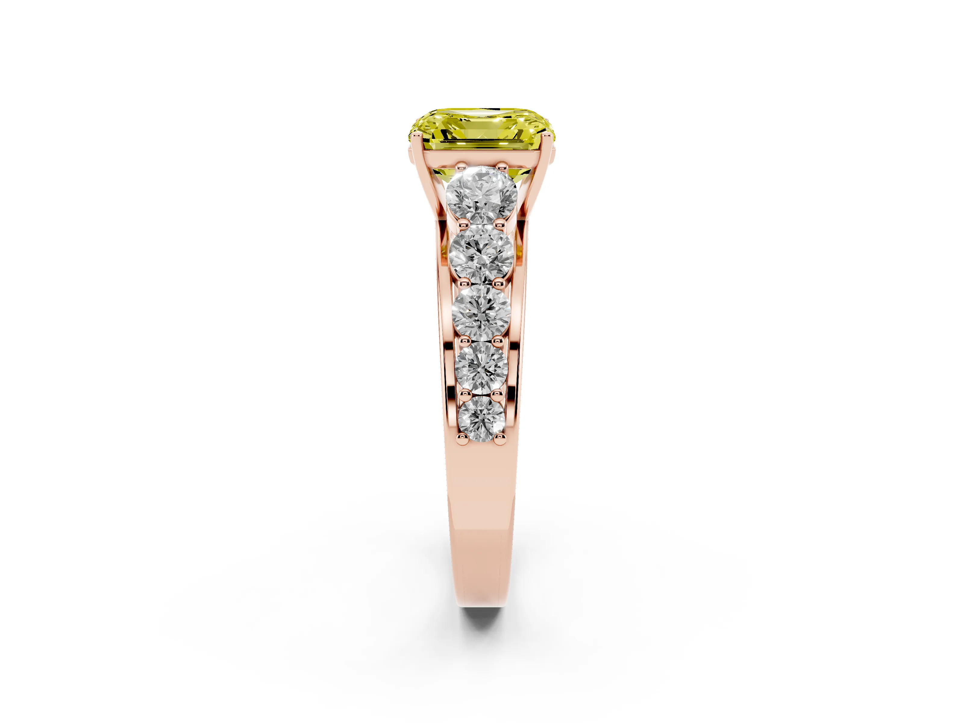 Fancy Yellow Asscher Cut Diamond Solitaire Ring Set in Rose gold with Pavé-Set Band and Prong Setting