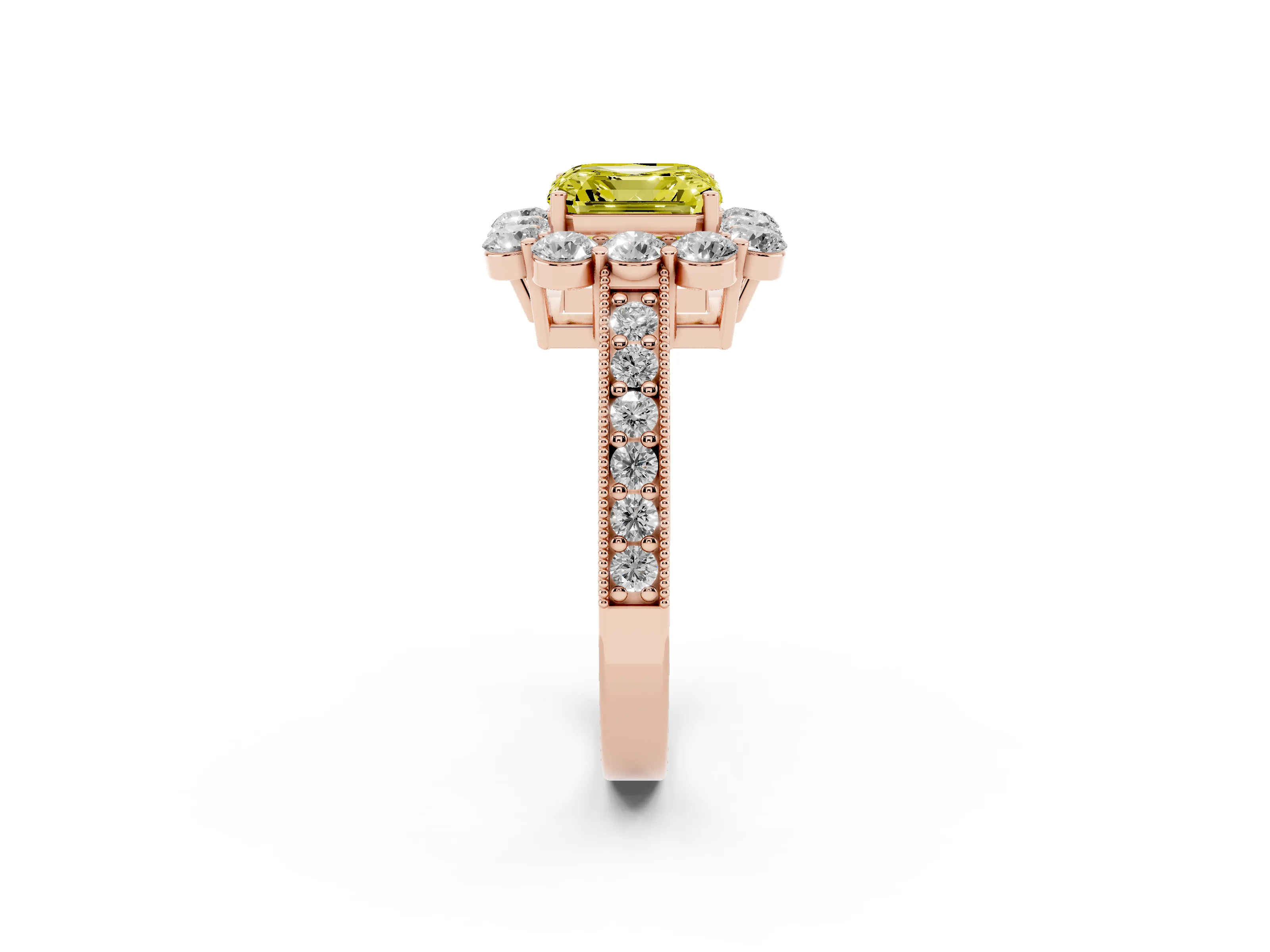 Fancy Yellow Asscher Cut Diamond Halo Pavé Engagement Ring Set in Rose gold with Milgrain Detailing