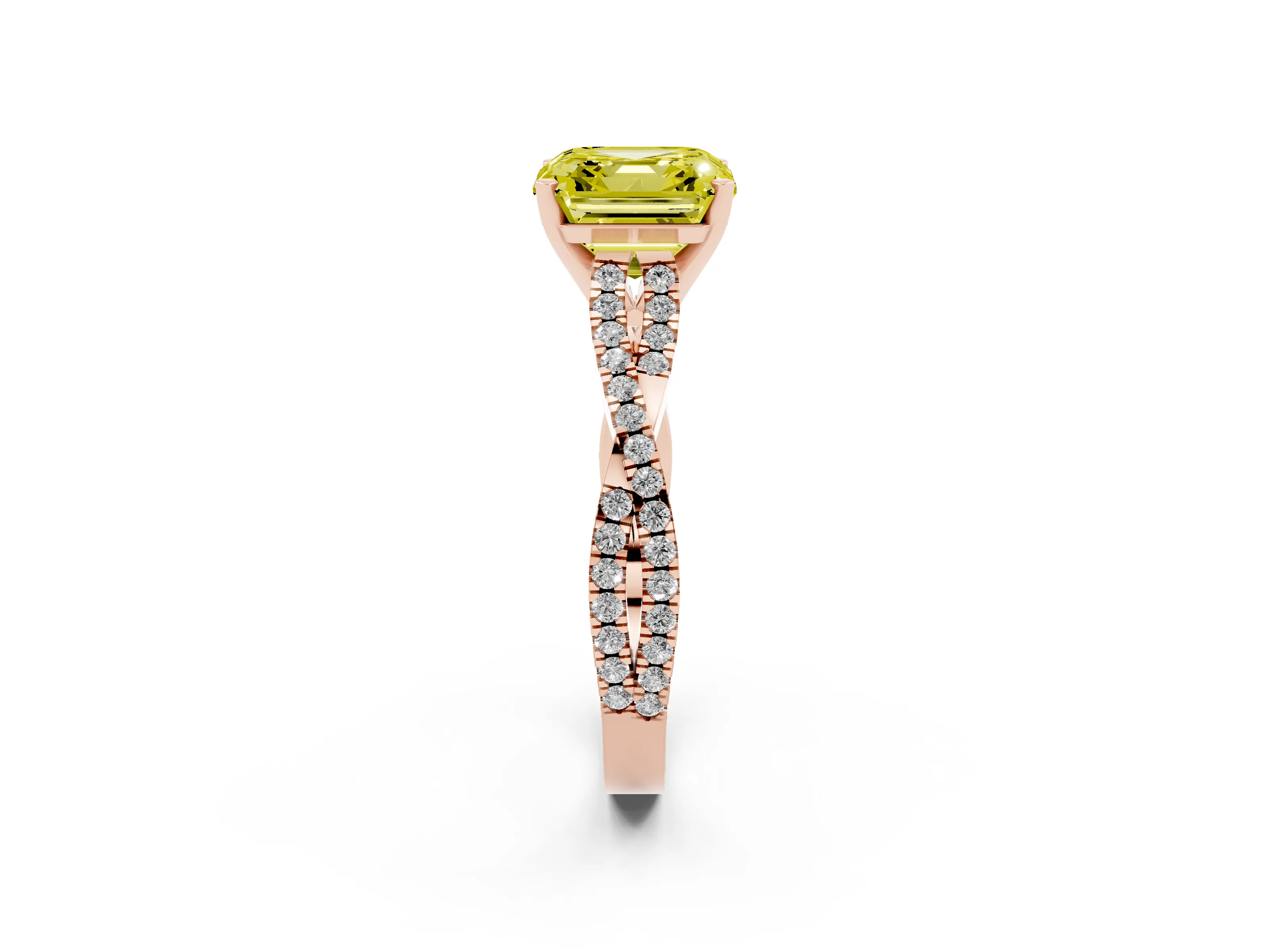 Fancy Yellow Asscher Cut Diamond Solitaire Engagement Ring Set in Rose gold with Twisted Pavé Band and Prong Setting