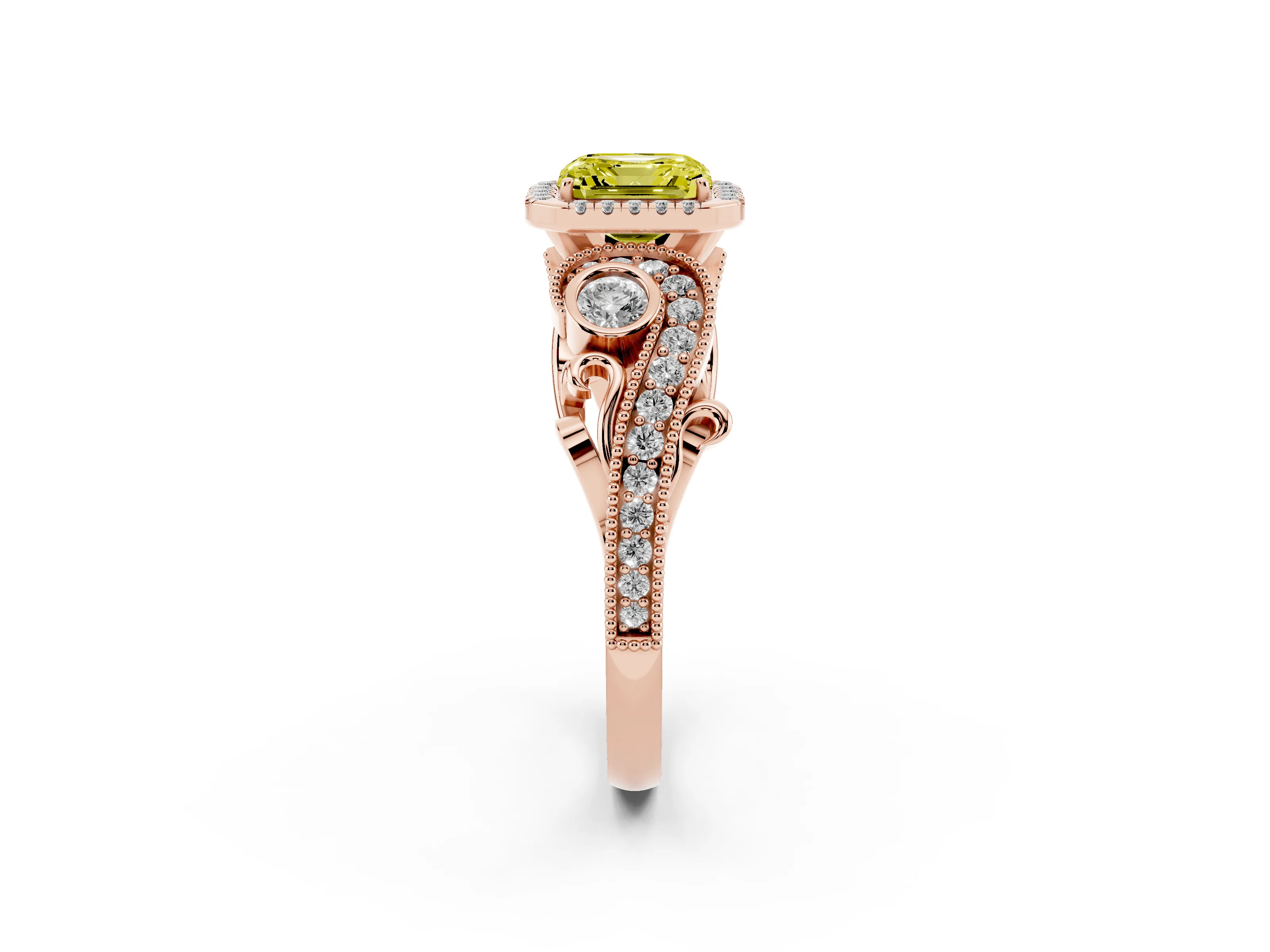 Fancy Yellow Asscher Cut Diamond Halo Ring Set in Rose gold with Milgrain Pavé Band and Prong Setting