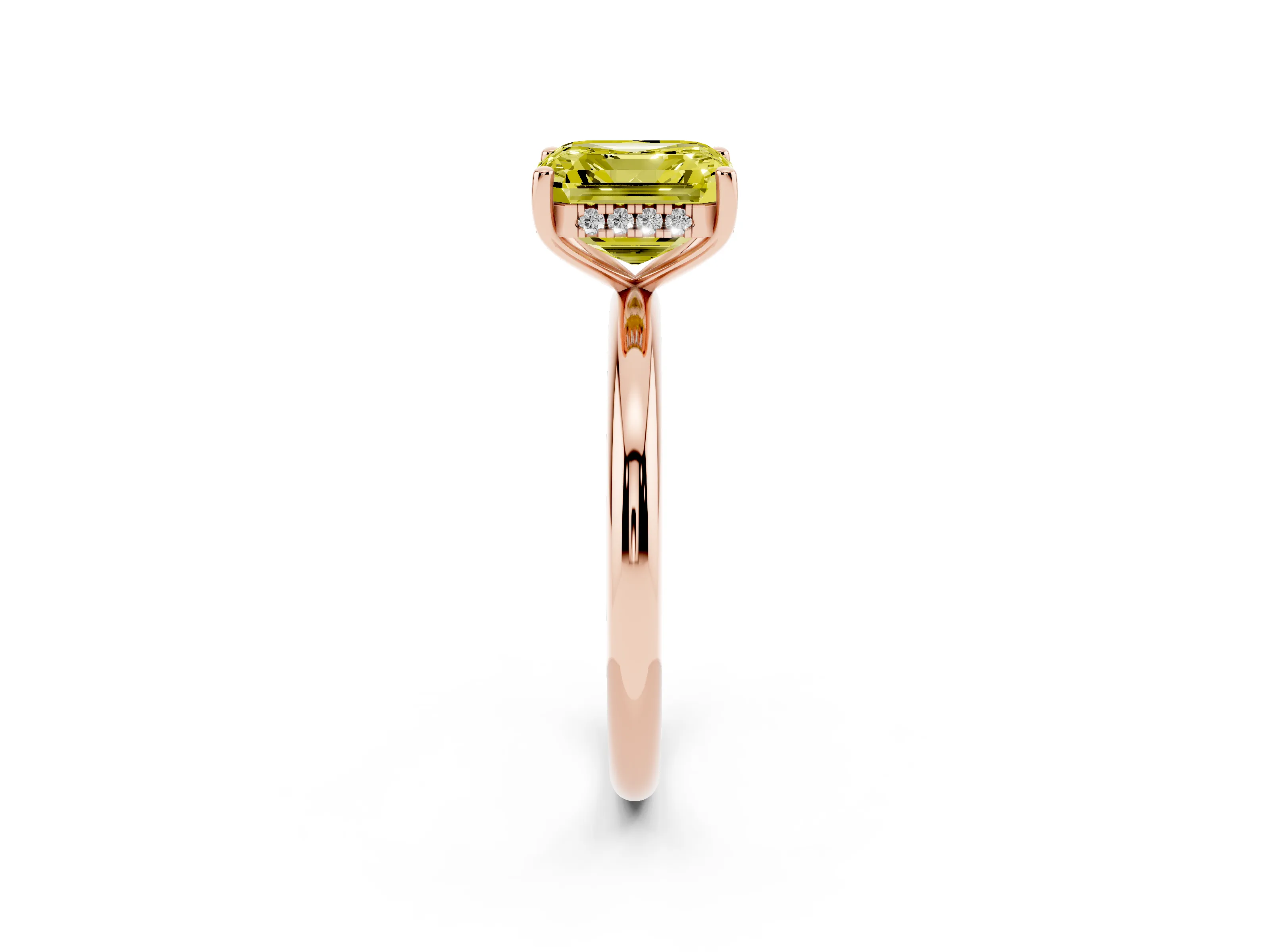 Fancy Yellow Asscher Cut Diamond Solitaire Engagement Ring Set in Rose gold with Prong Setting and Polished Band