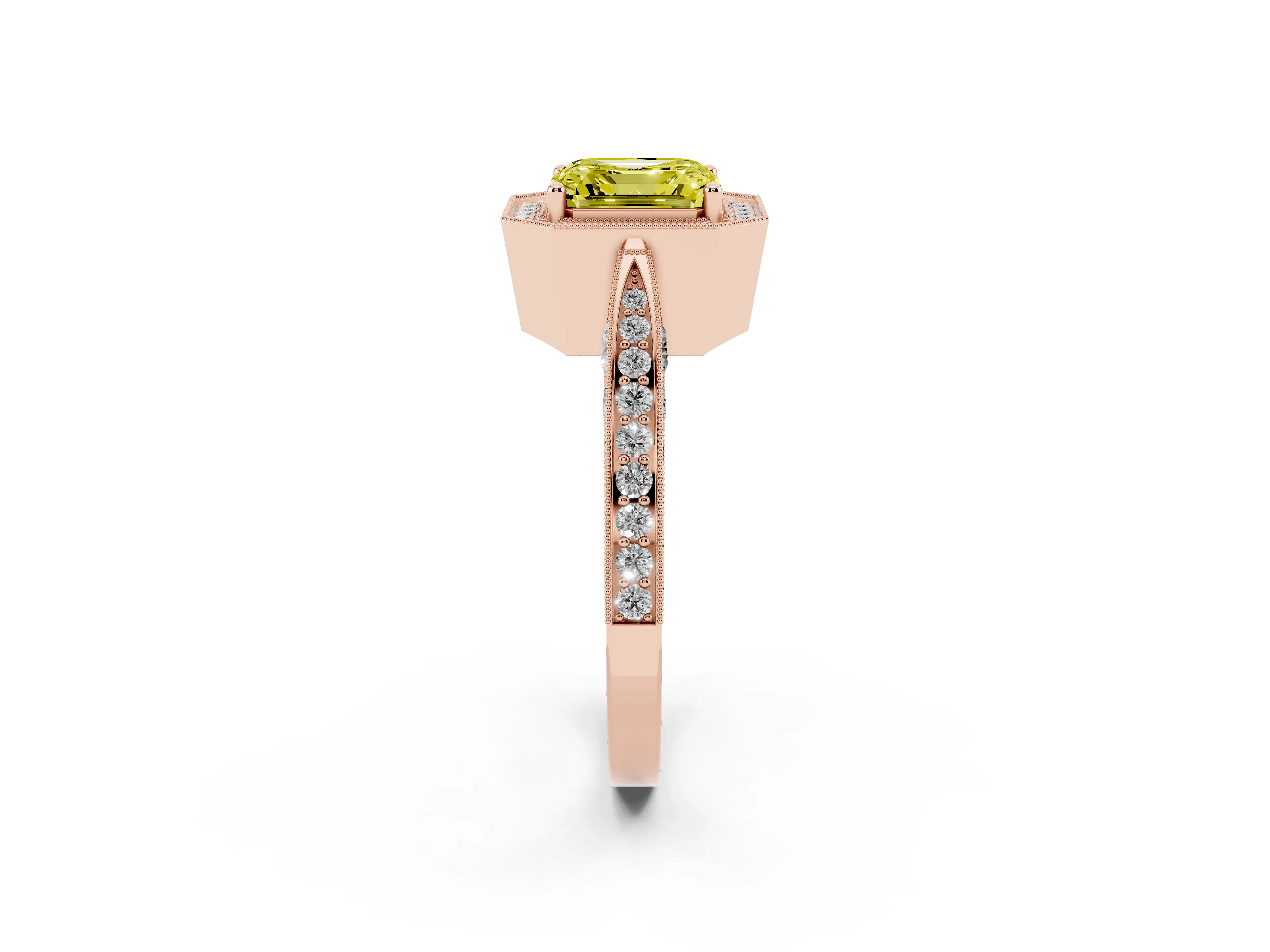 Fancy Yellow Asscher Cut Diamond Halo Engagement Ring Set in Rose gold with Accent Split Shank Band