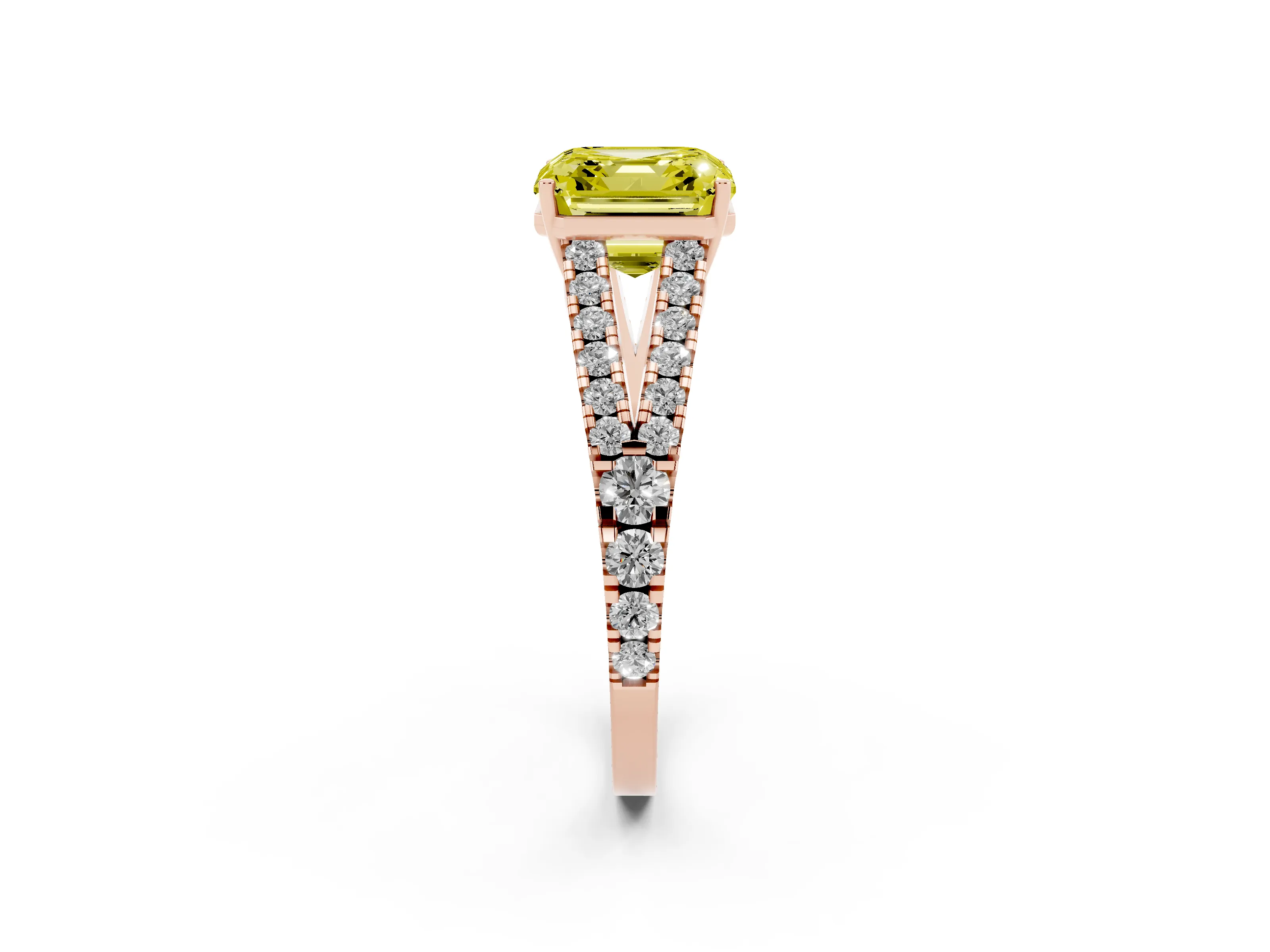 Fancy Yellow Asscher Cut Diamond Split Shank Pavé Engagement Ring Set in Rose gold with Prong-Held Center Stone