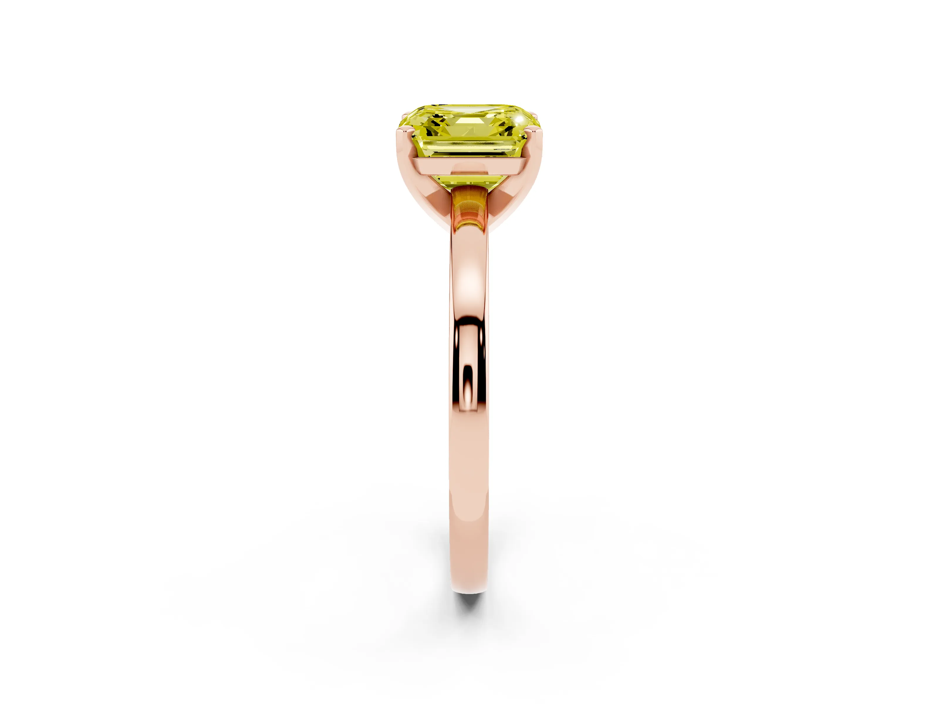 Fancy Yellow Asscher Cut Diamond Solitaire Engagement Ring Set in Rose gold with Prong Setting on a Classic Band
