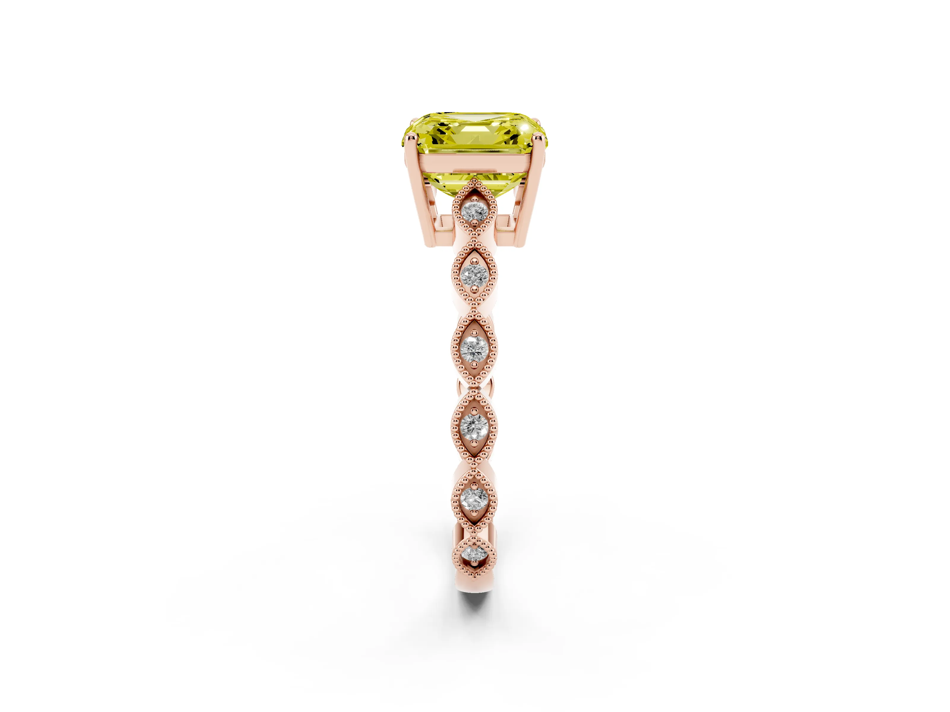 Fancy Yellow Asscher Cut Diamond Solitaire Ring Set in Rose gold with Infinity Twist Pavé Band