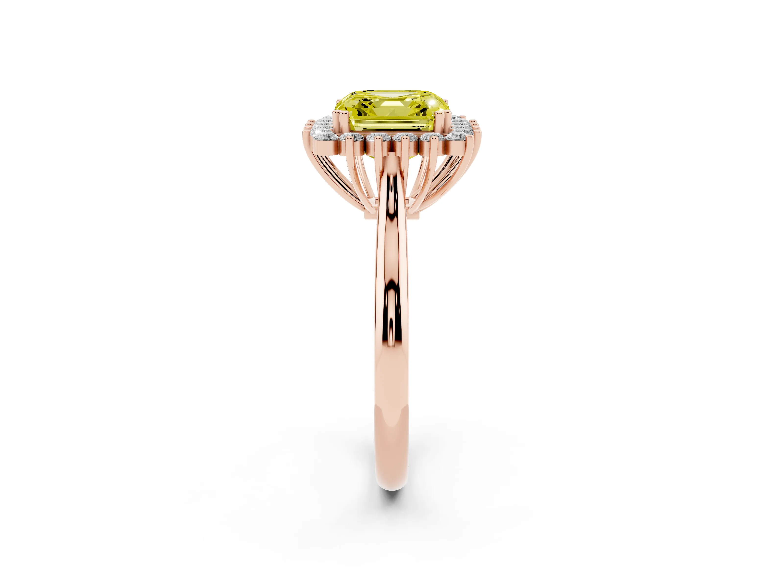 Fancy Yellow Asscher Cut Diamond Halo Ring Set in Rose gold with Plain Solitaire Band and Prong Setting