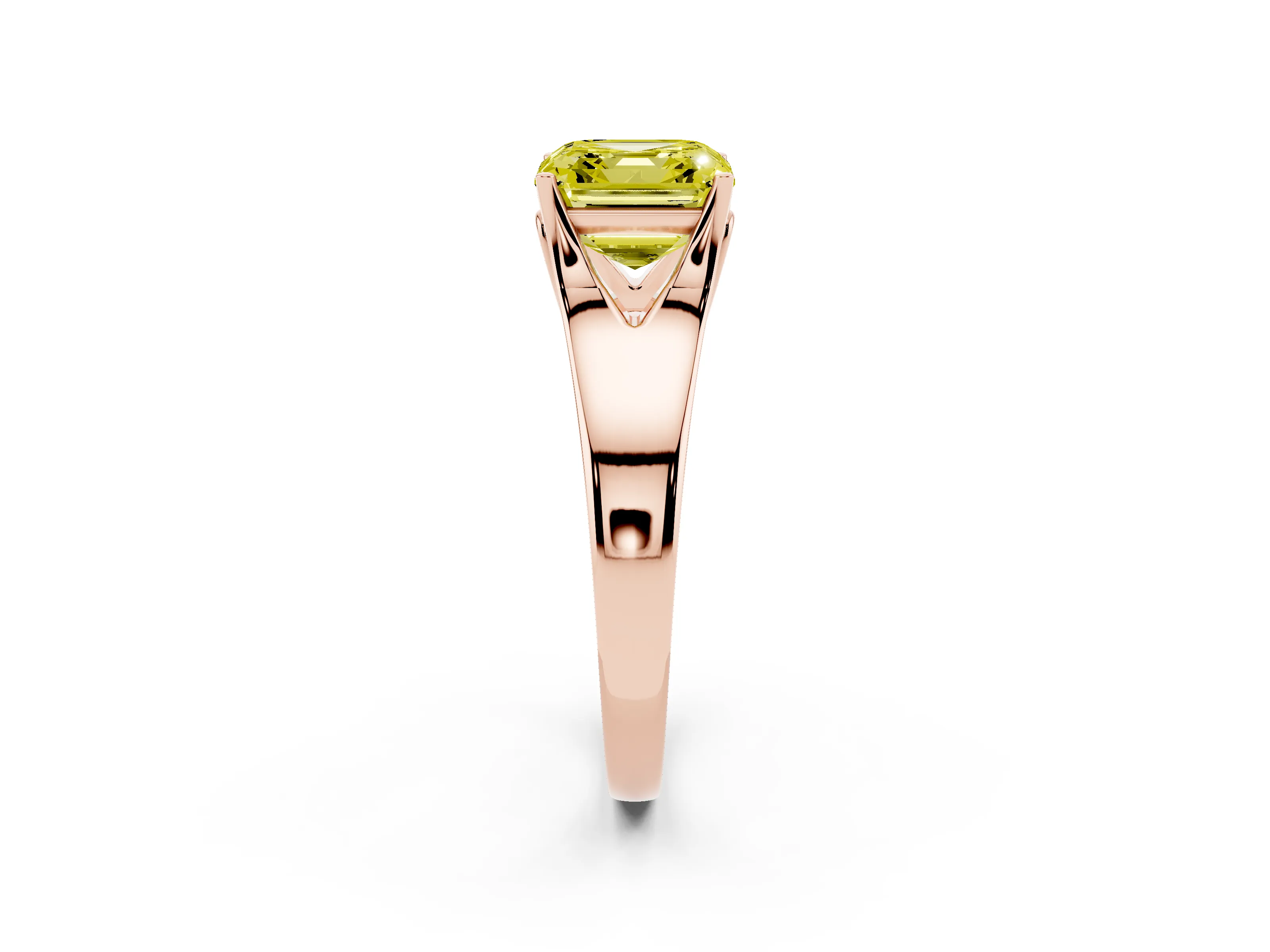 Fancy Yellow Asscher Cut Diamond Solitaire Ring Set in Rose gold with Arched Cathedral Band and Prong Setting