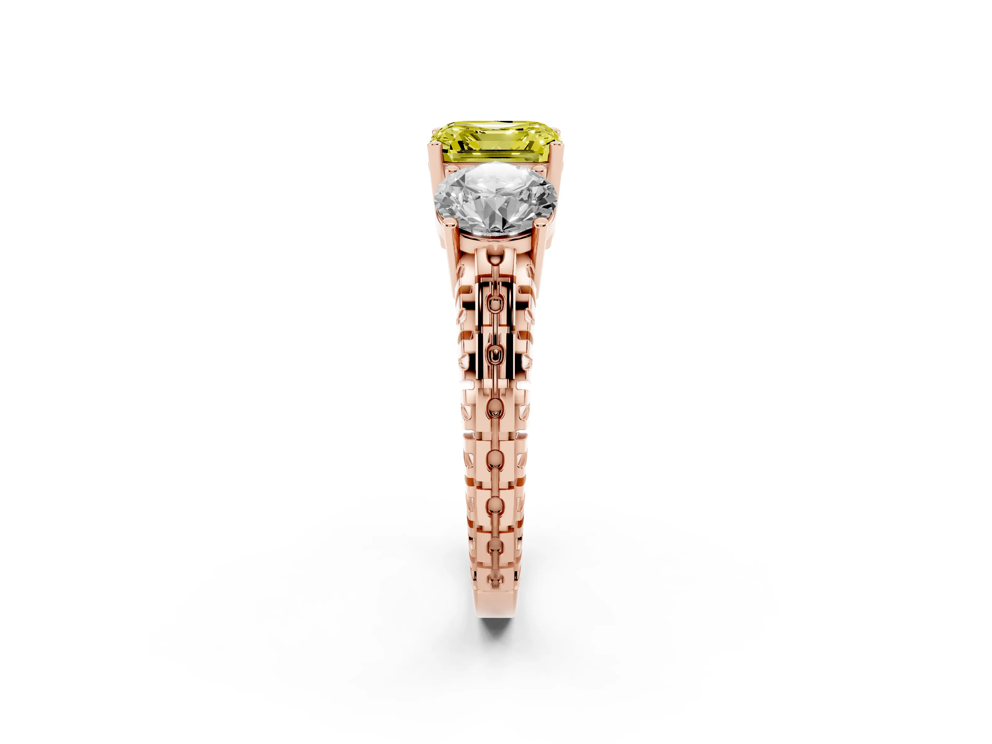 Fancy Yellow Asscher Cut Diamond Three-Stone Ring Set in Rose gold with Channel-Set Accent Band