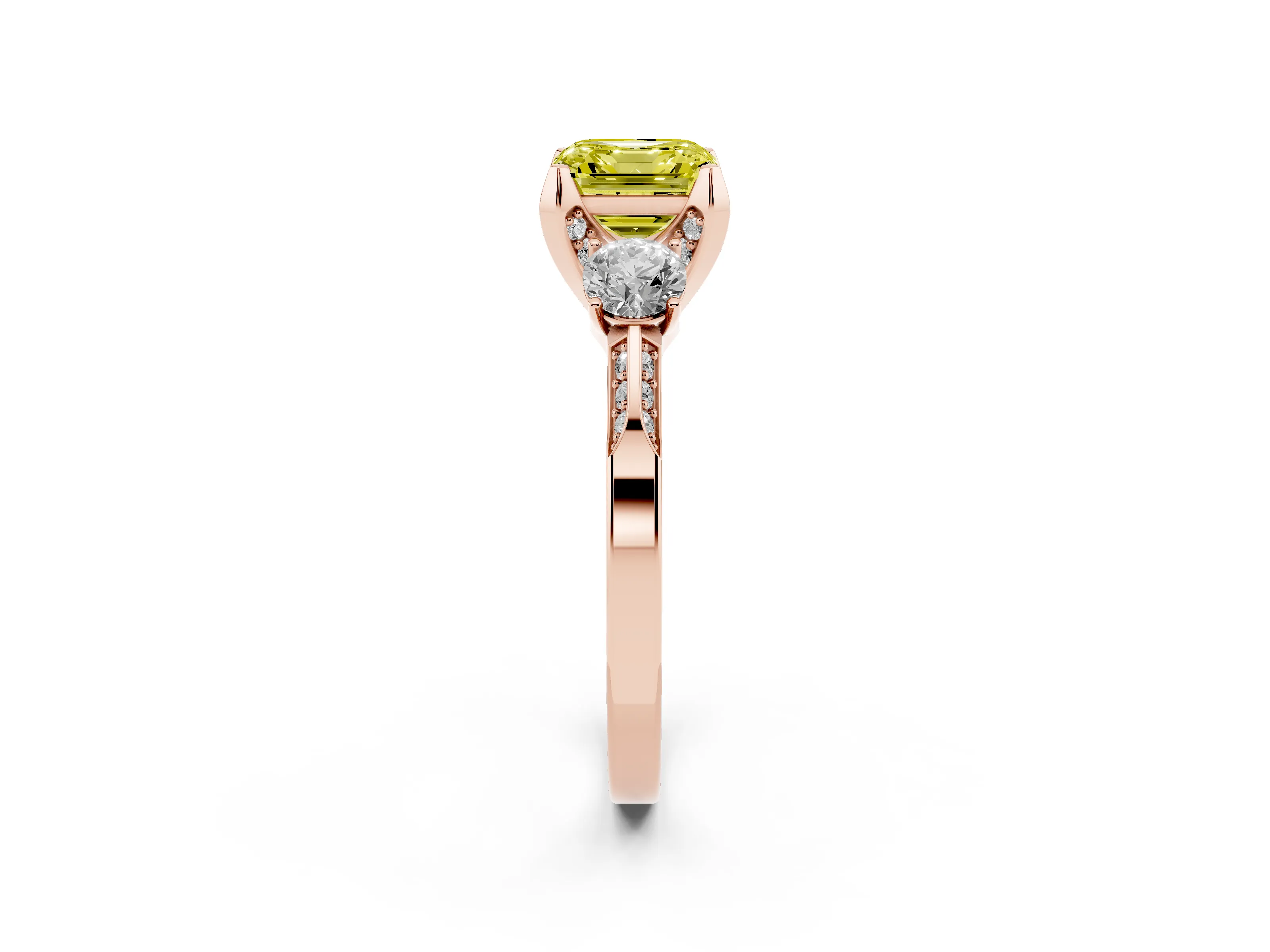 Fancy Yellow Asscher Cut Diamond Three-Stone Ring Set in Rose gold with Pavé Band and Smaller Side Stones