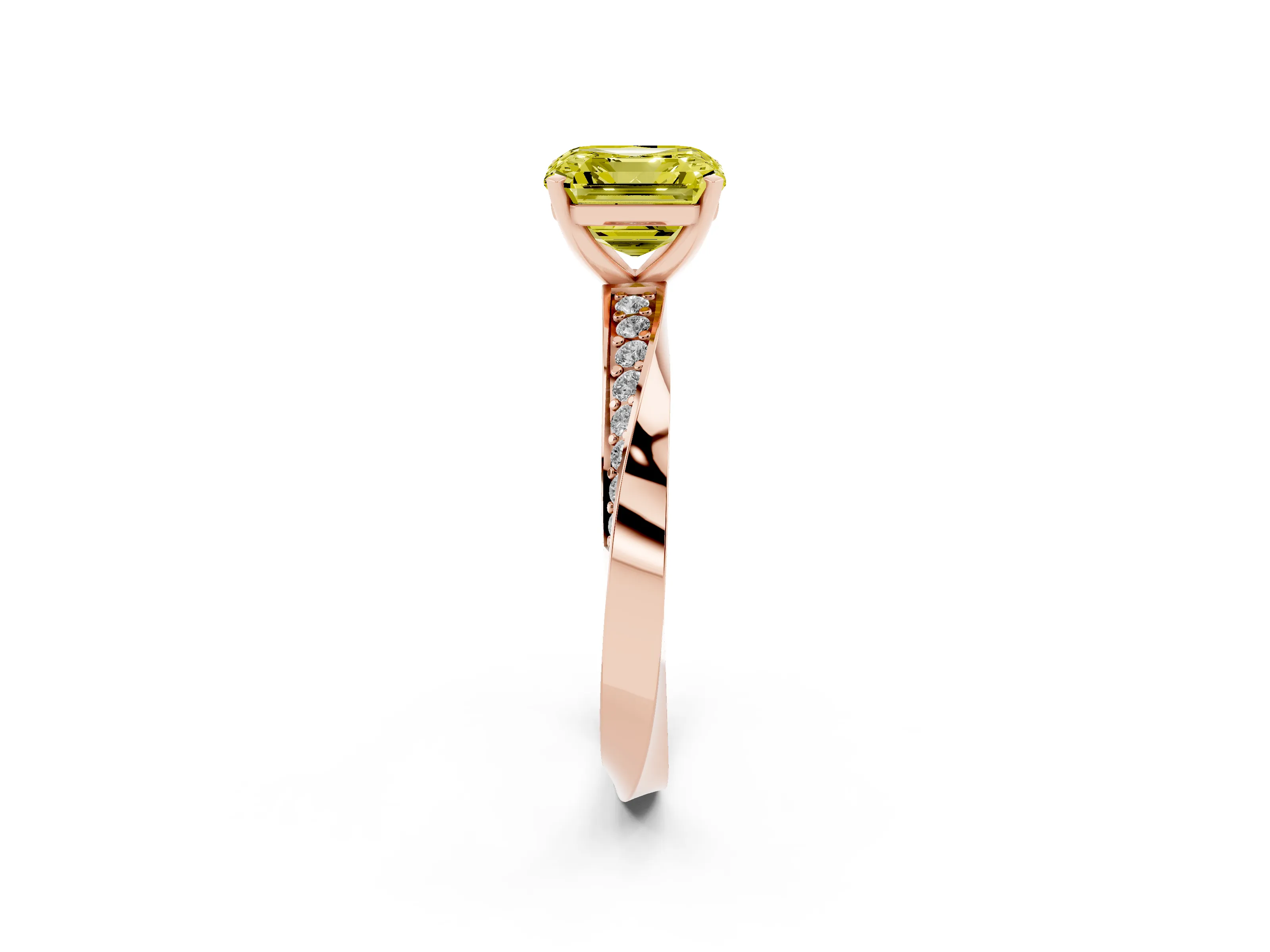 Fancy Yellow Asscher Cut Diamond Engagement Ring Set in Rose gold with Side Stone Accents and Prong Setting