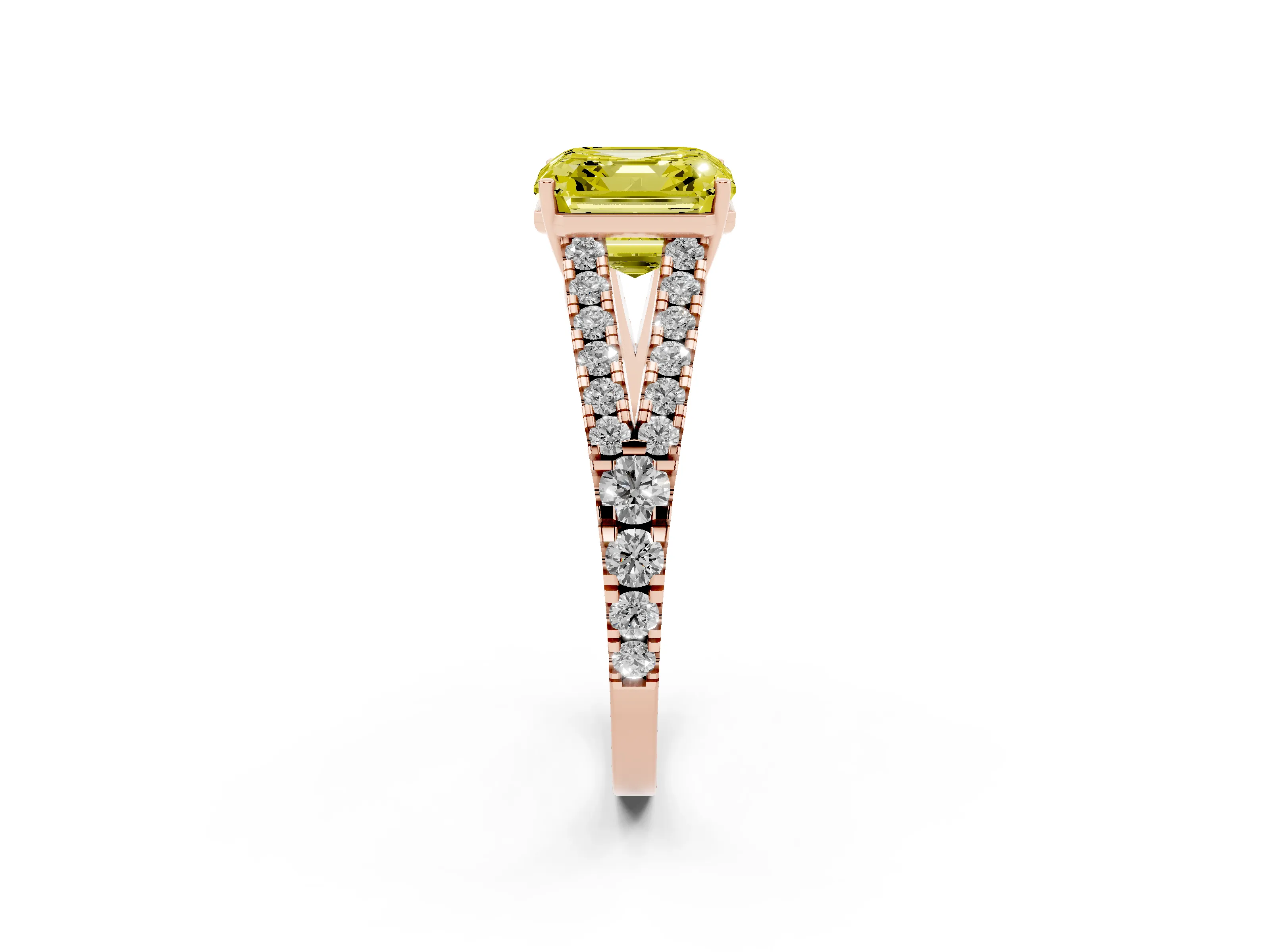Fancy Yellow Asscher Cut Diamond Split Shank Engagement Ring Set in Rose gold with Round Pavé and Prong Setting