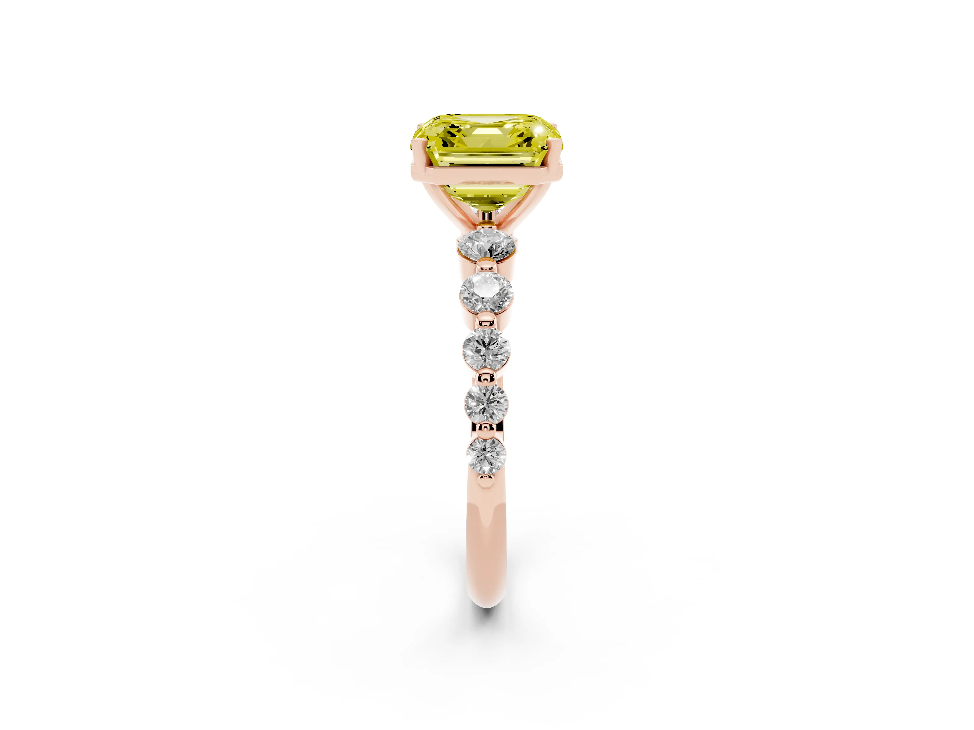 Fancy Yellow Asscher Cut Diamond Solitaire Ring Set in Rose gold with Pavé Band and Prong Setting