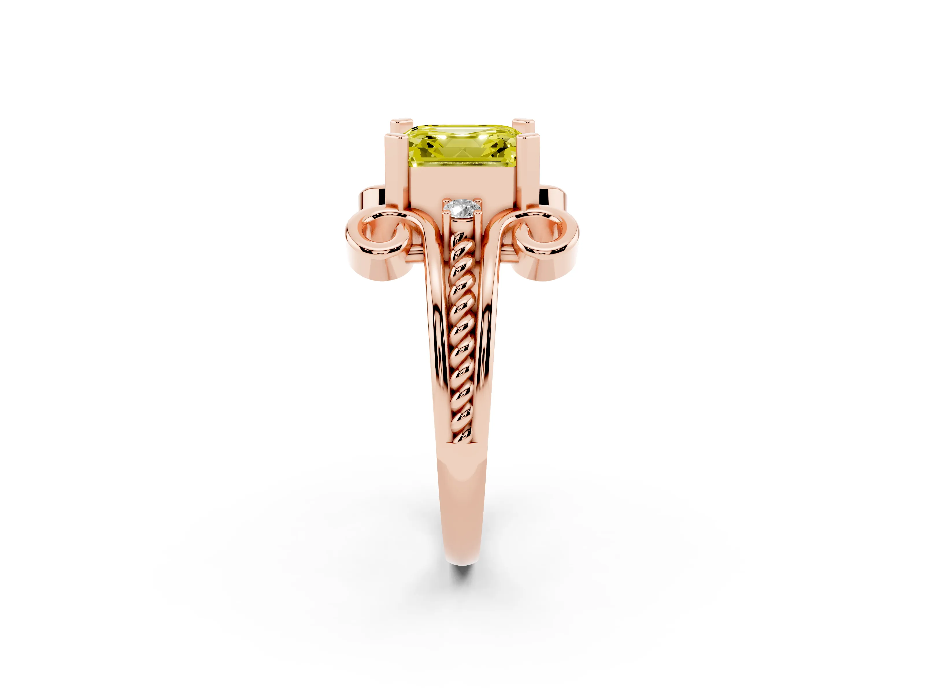 Fancy Yellow Asscher Cut Diamond Twisted Band Solitaire Ring Set in Rose gold with Scroll Prongs