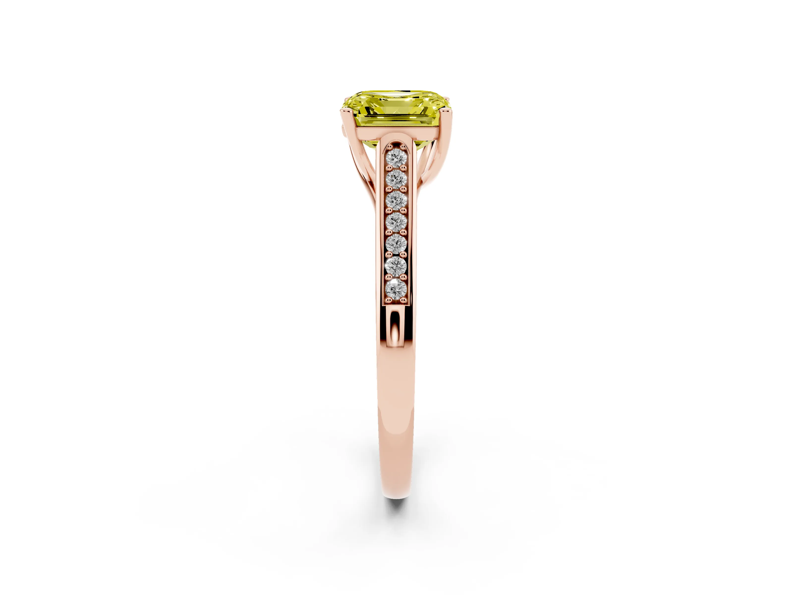 Fancy Yellow Asscher Cut Diamond Solitaire Cathedral Engagement Ring Set in Rose gold with Channel-Set Band and Prong Setting