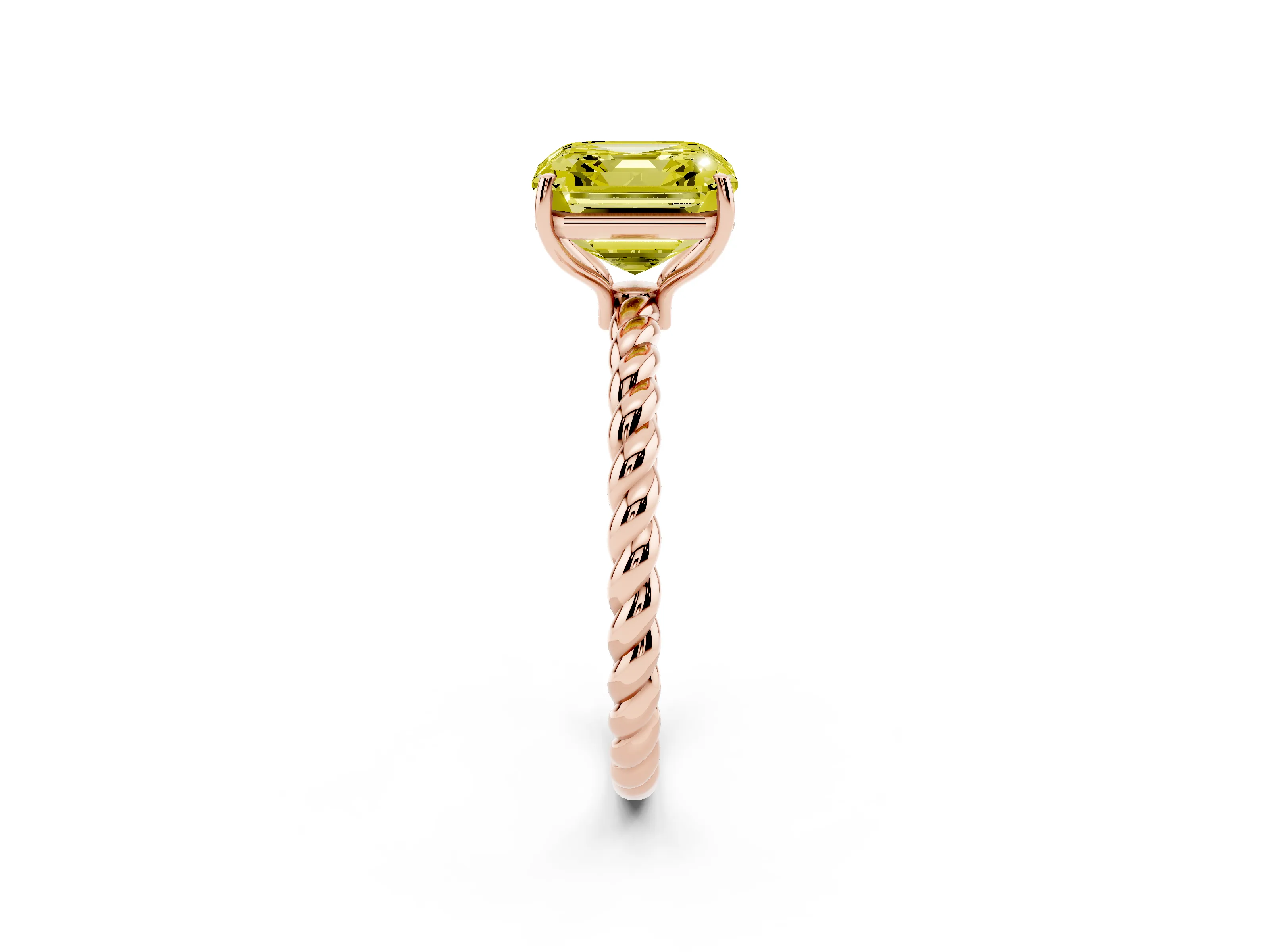 Fancy Yellow Asscher Cut Diamond Solitaire Ring Set in Rose gold with Twist Band and Prong Setting