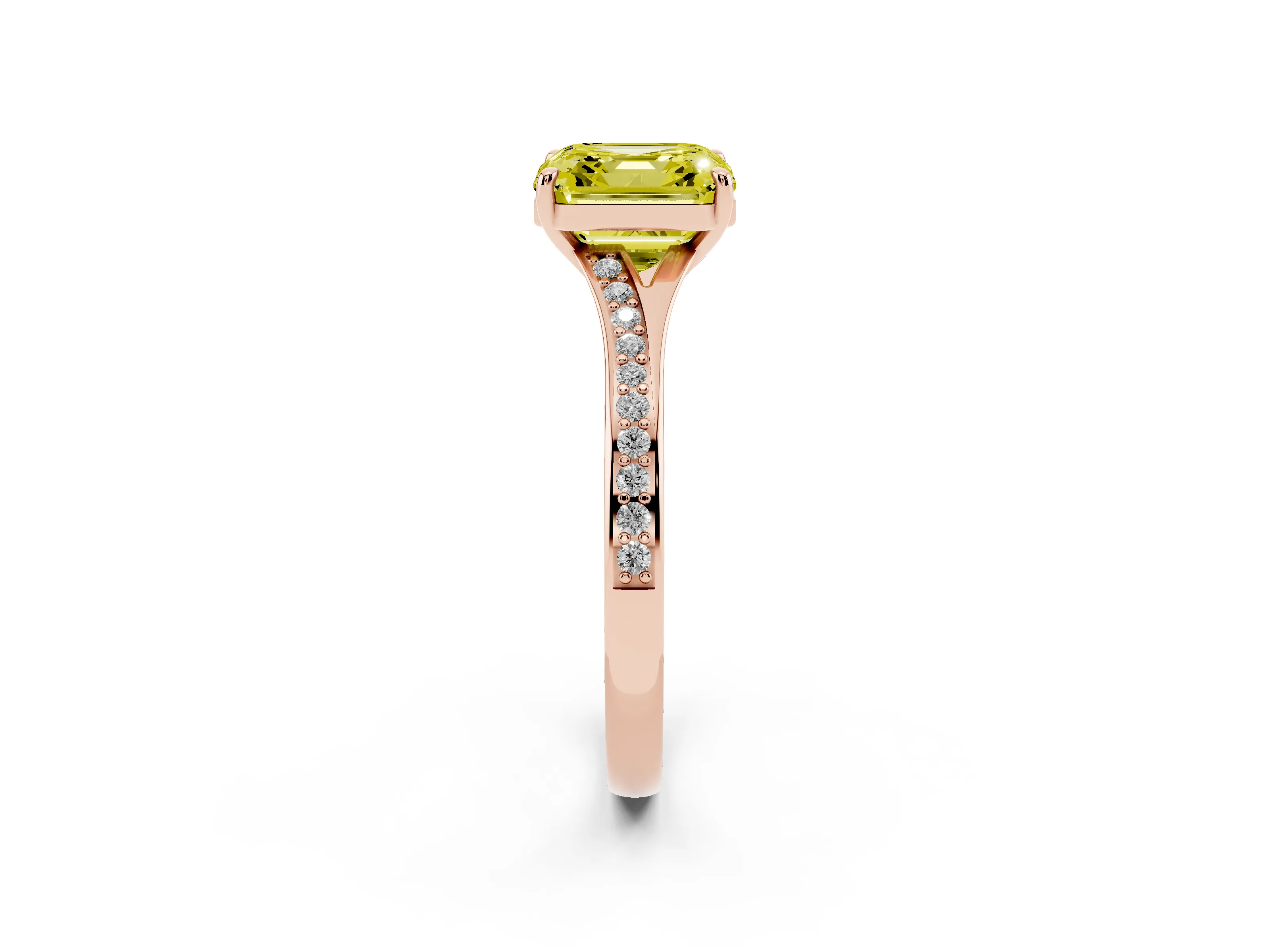 Fancy Yellow Asscher Cut Diamond Solitaire Ring Set in Rose gold with Pavé Accent Band and Classic Prong Setting