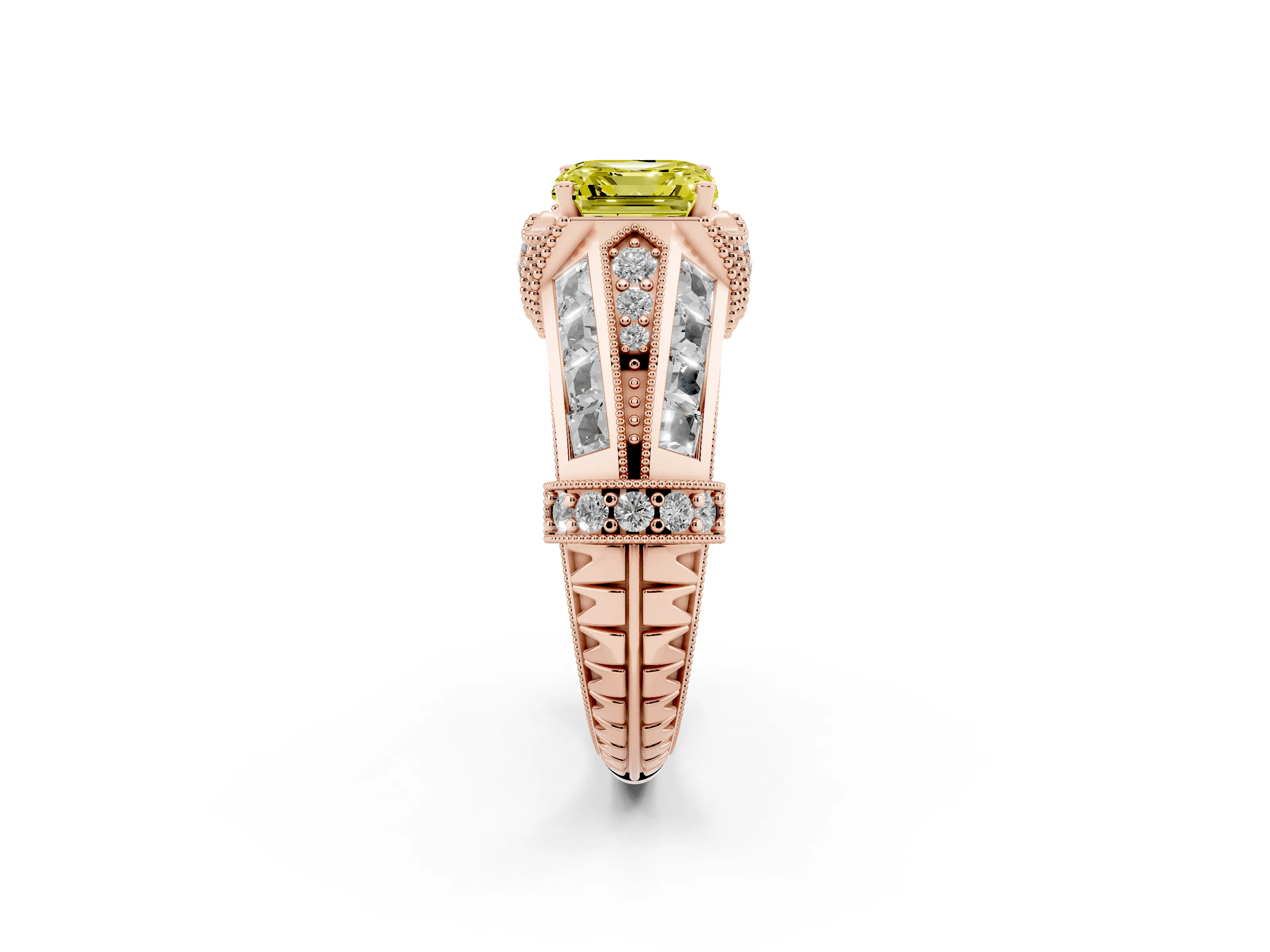 Fancy Yellow Asscher Cut Diamond Vintage-Inspired Milgrain Ring Set in Rose gold with Accent Split Shank